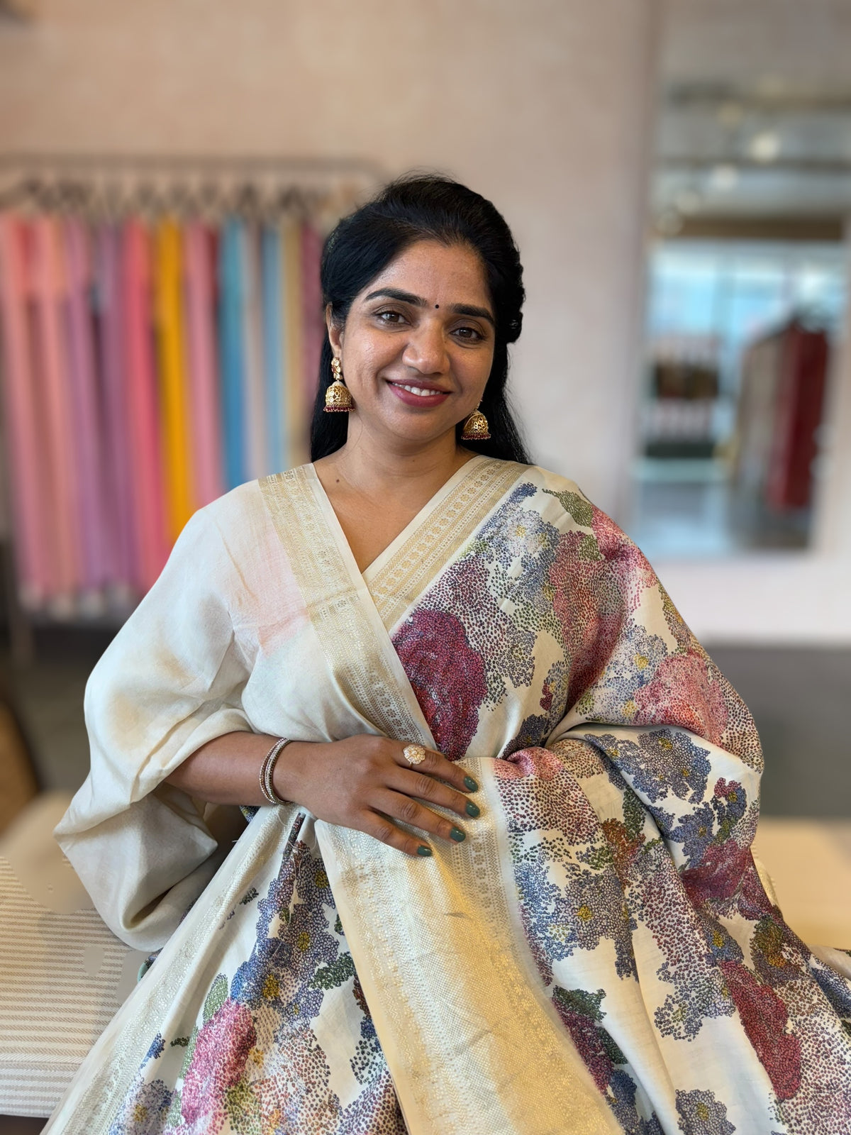 Half White Pista Chiniya Silk Saree With Petite Point  Emb Style Print