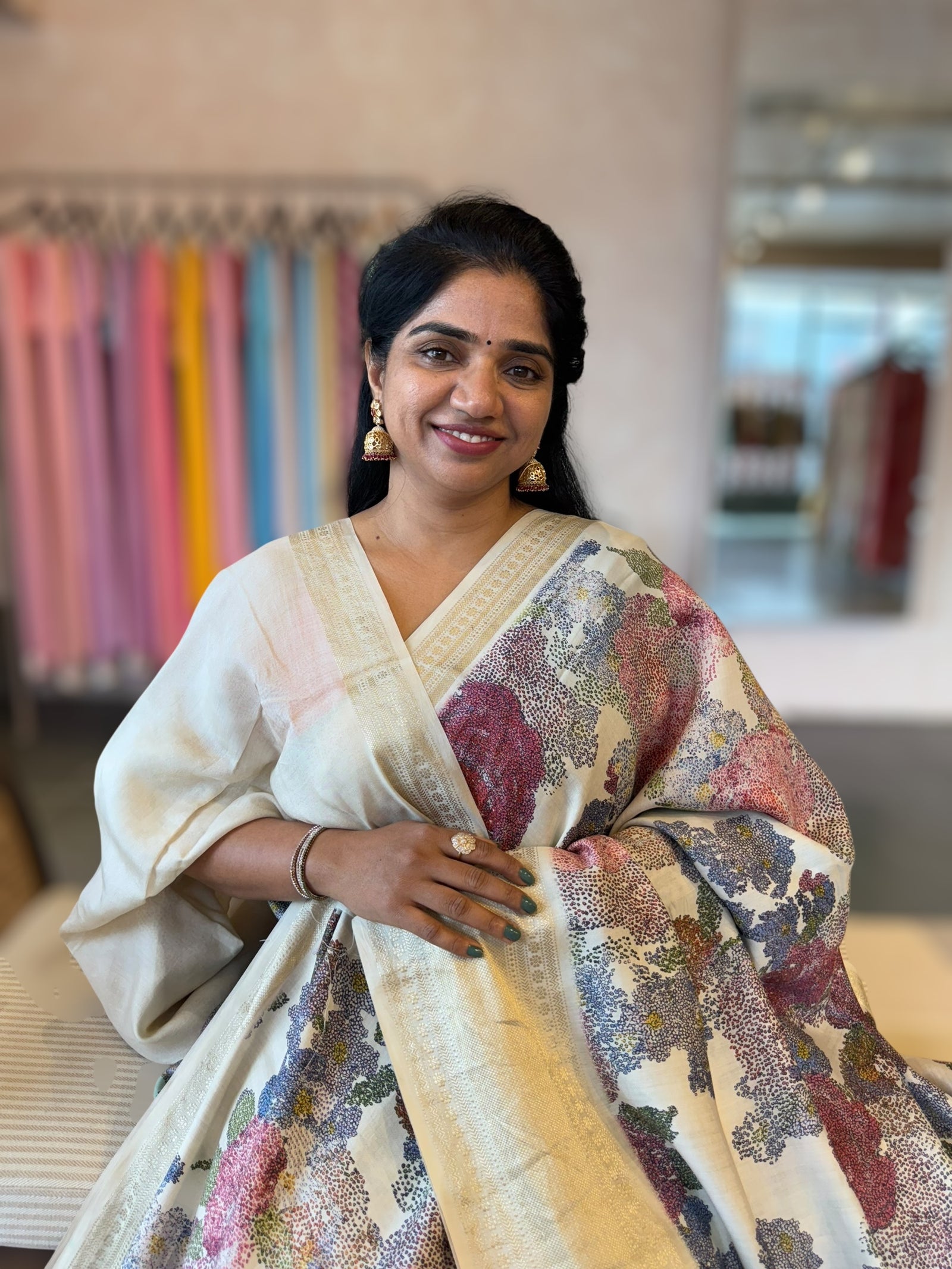 Half White Pista Chiniya Silk Saree With Petite Point  Emb Style Print