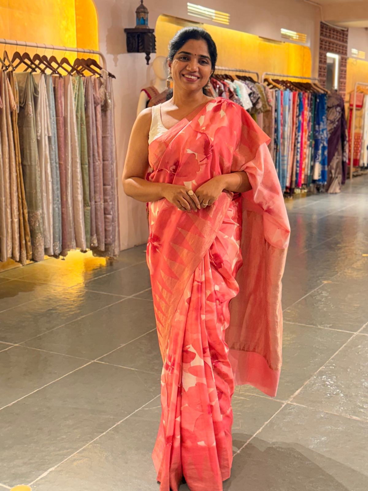 Coral Peach Pink Printed Kanchi Silk soft drape Saree with temple borders b