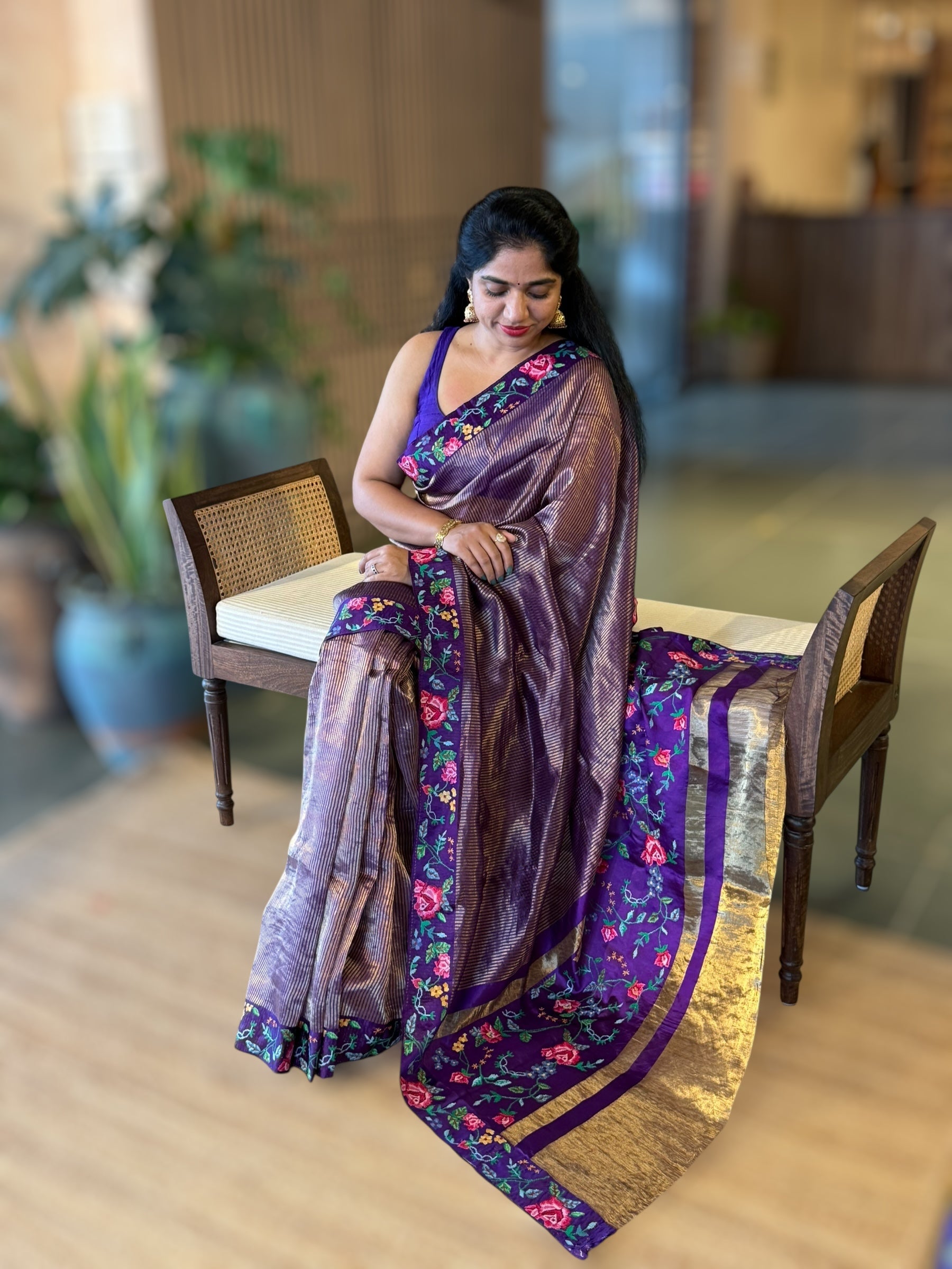 Violet Tissue Stripes Saree With  Petite Point Embroidered Border Pallu and BP
