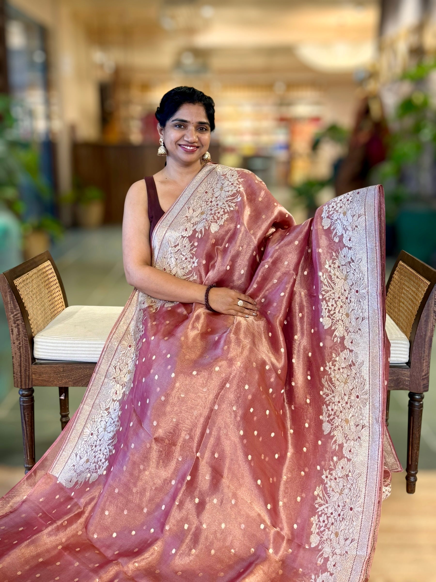 OnionPink Banarasi Tissue Saree With Tissue Embriodered Border & Stripes BP