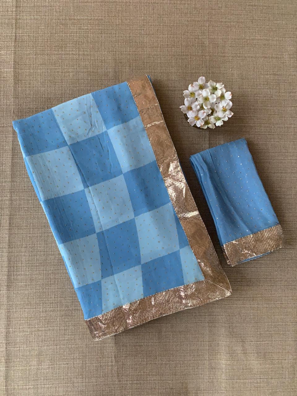 Pure Gorgette Saree in Checks Pattern , Allover Seuence & Hemlined Wth Gota lace