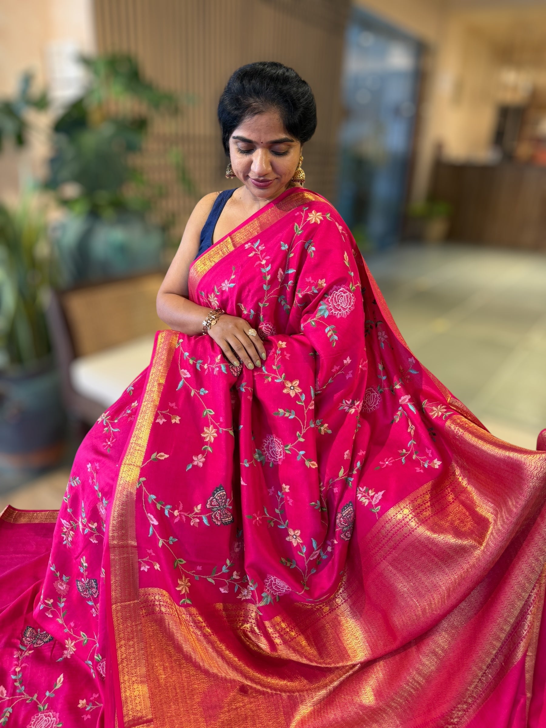 Rani Pink Kanchi soft Silk Saree With Allover Petite Point Embroidery