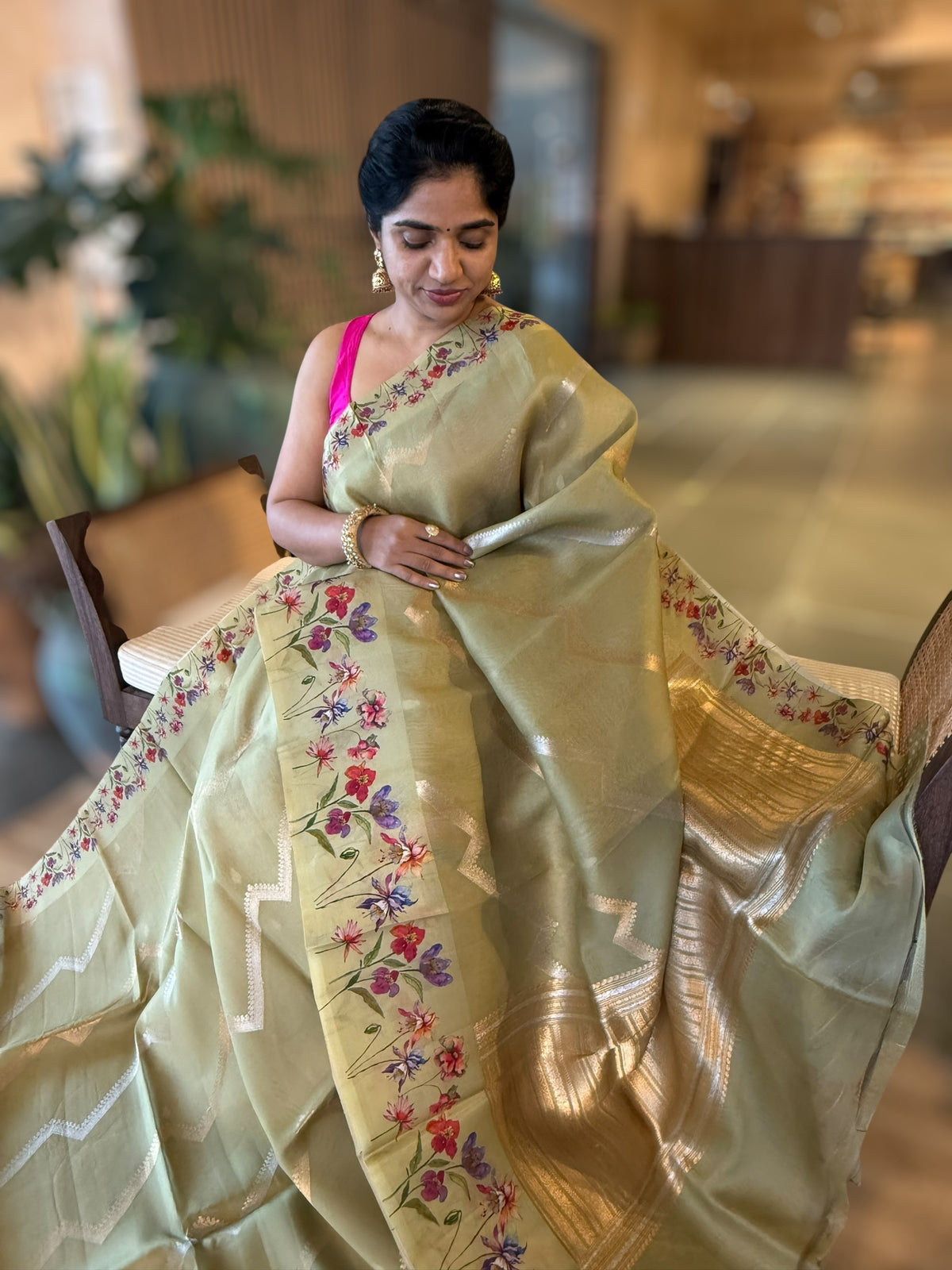 Olive Green Deisgner Premium Handloom Kora Banarasi with Printed Borders