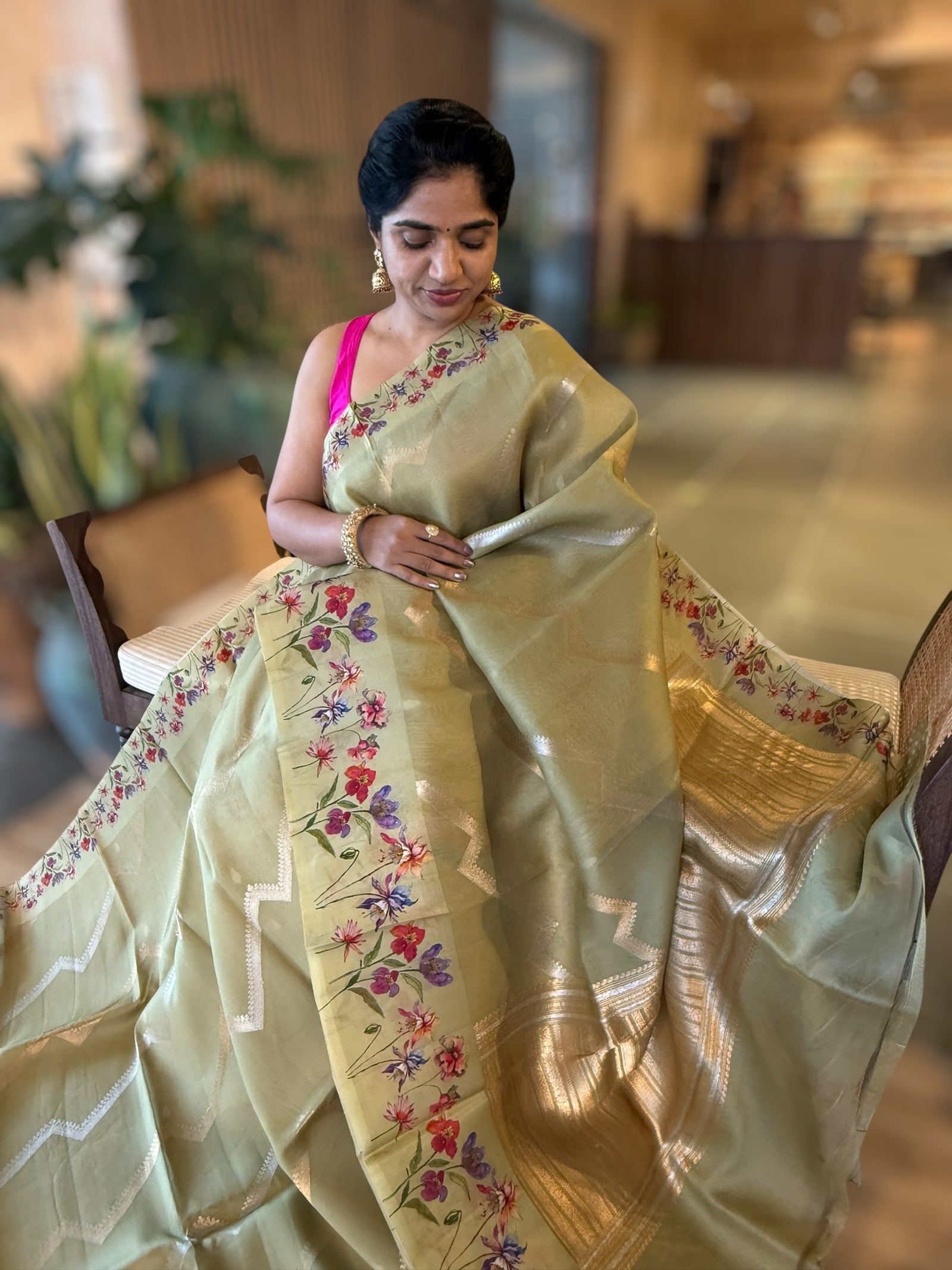 Olive Green Deisgner Premium Handloom Kora Banarasi with Printed Borders