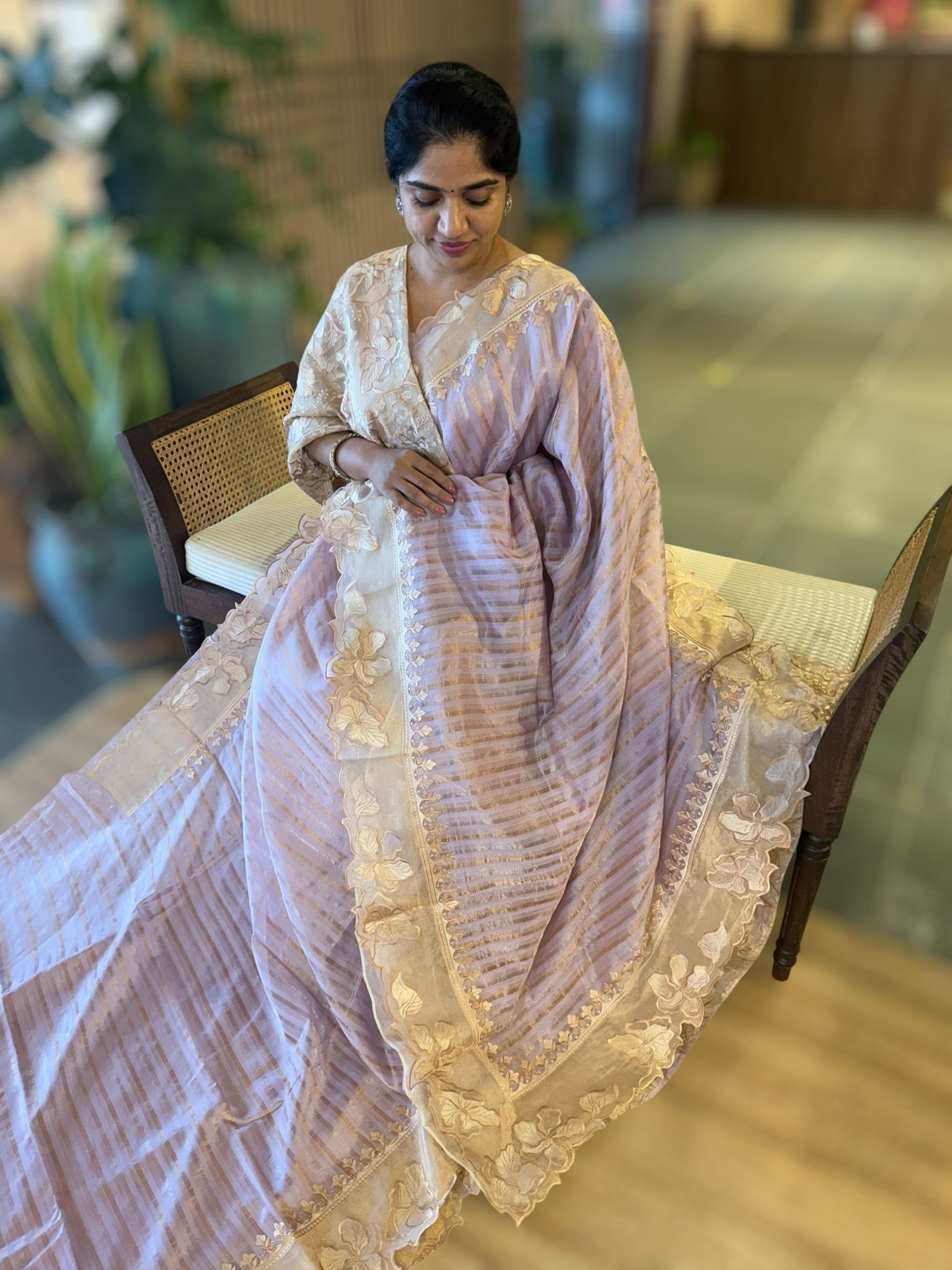 Lilac Mul Tissue Stripes Saree With Tissue Cutwork  Border & Blouse