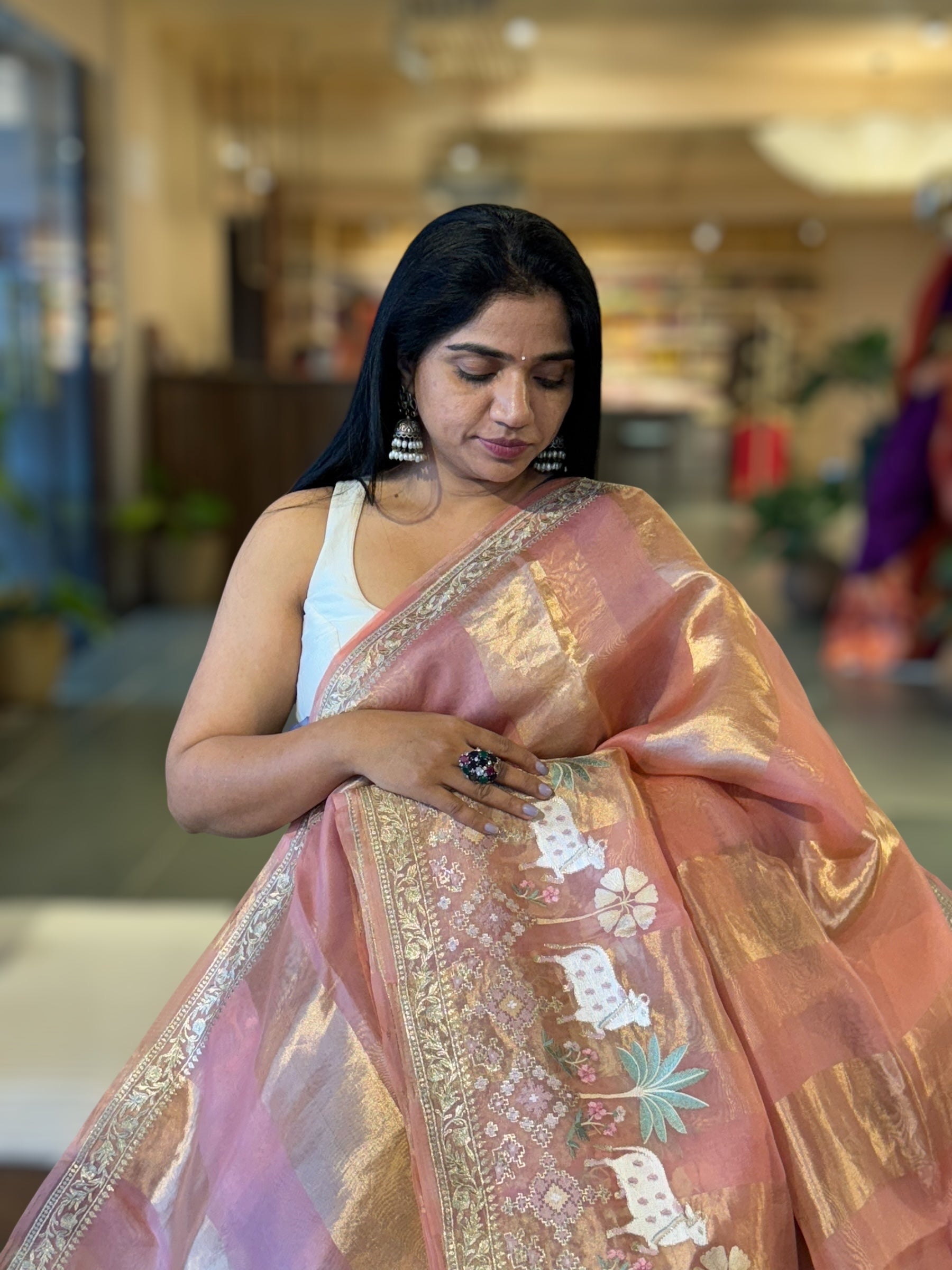 Peach Pink Kora Tissue Stripes Saree With Jamdani  & Pichwai embroidered Border