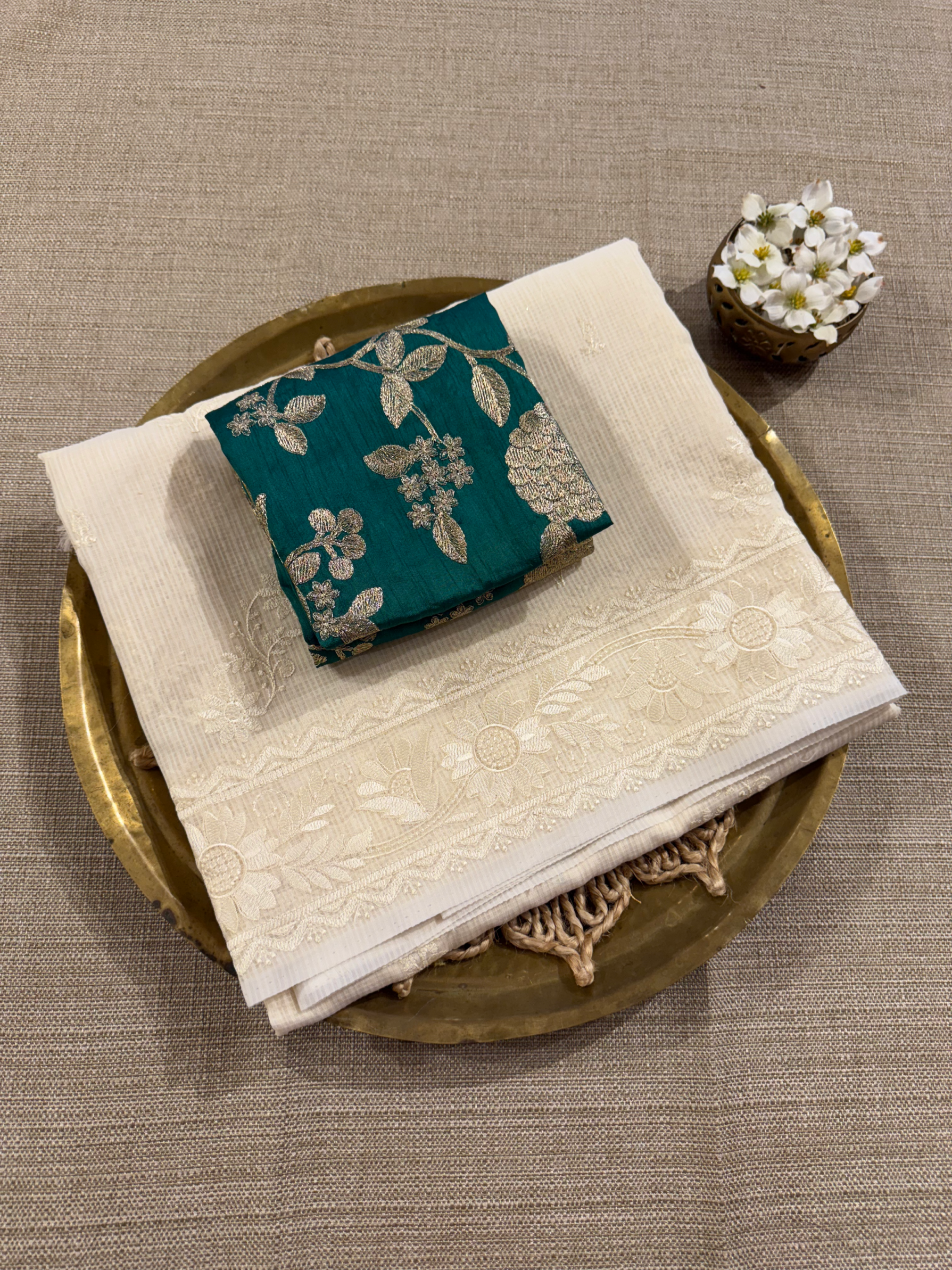 KCCA1907 : Kota Cotton Chikankari Embroidered Saree paired with Fusion Blouses