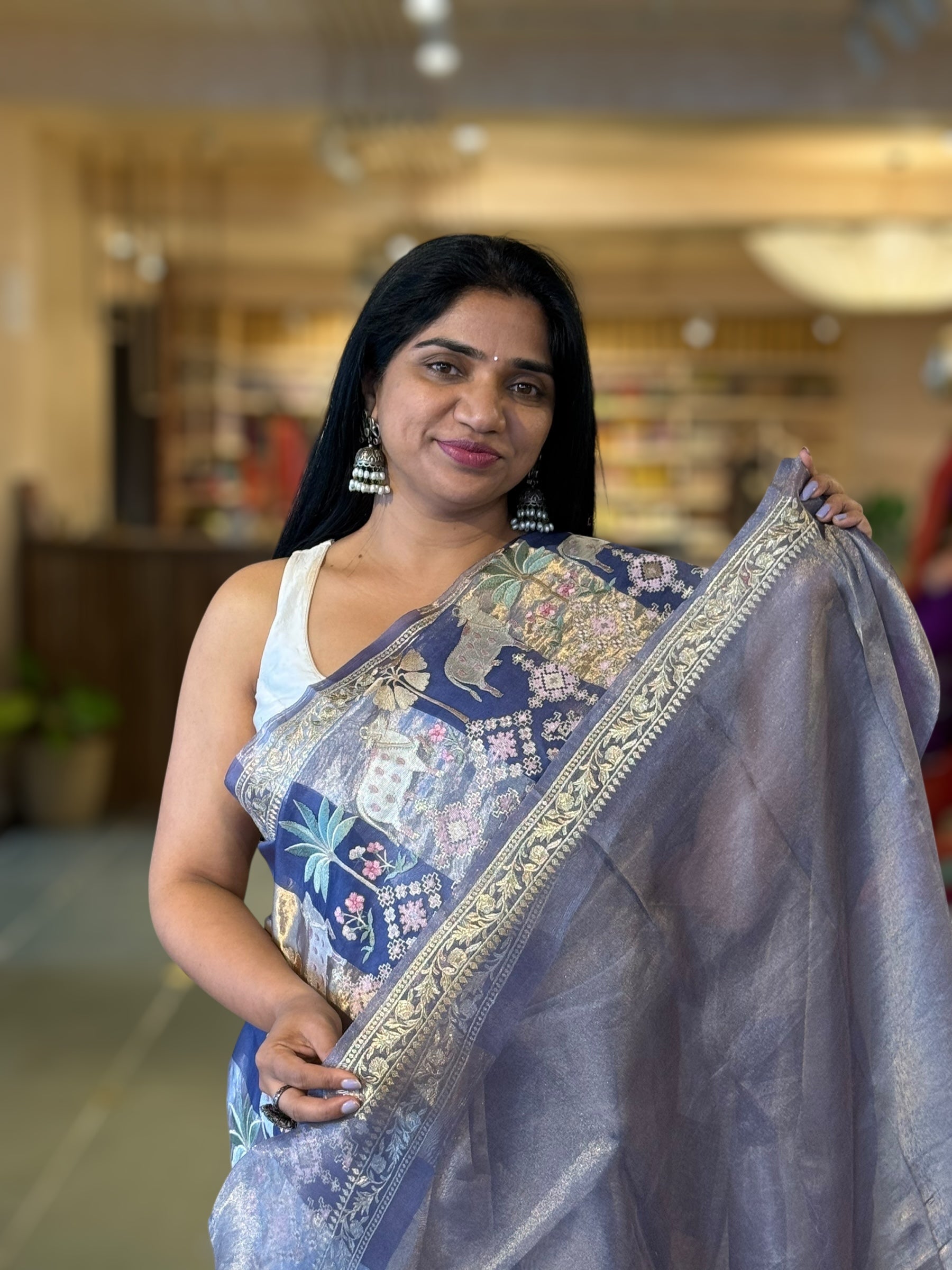 Blue Kora Tissue Stripes Saree With Jamdani  & Pichwai embroidered Border