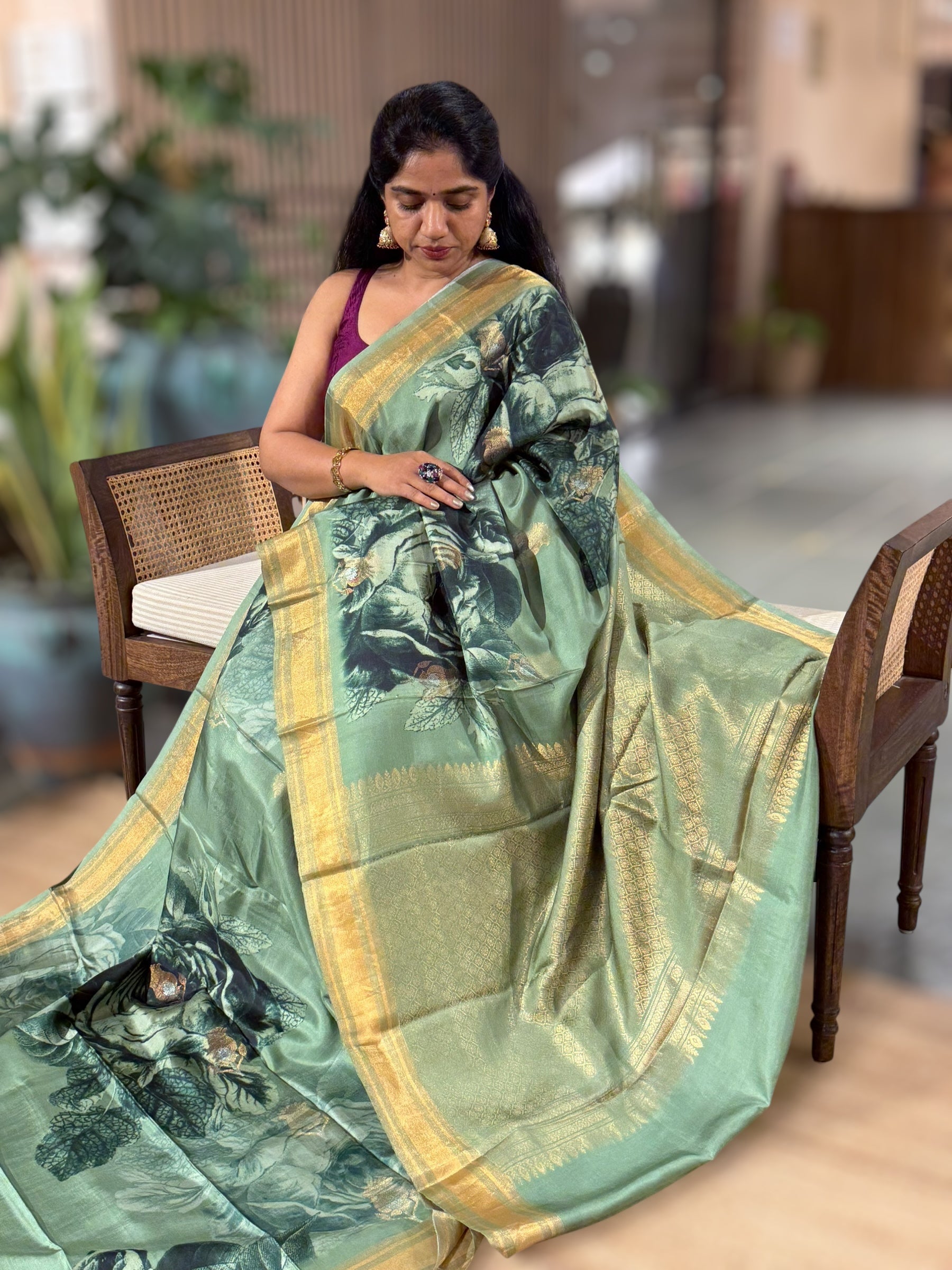 Sage Green Printed Kanchi Soft Silk Saree with Bold Rose Flower Print.