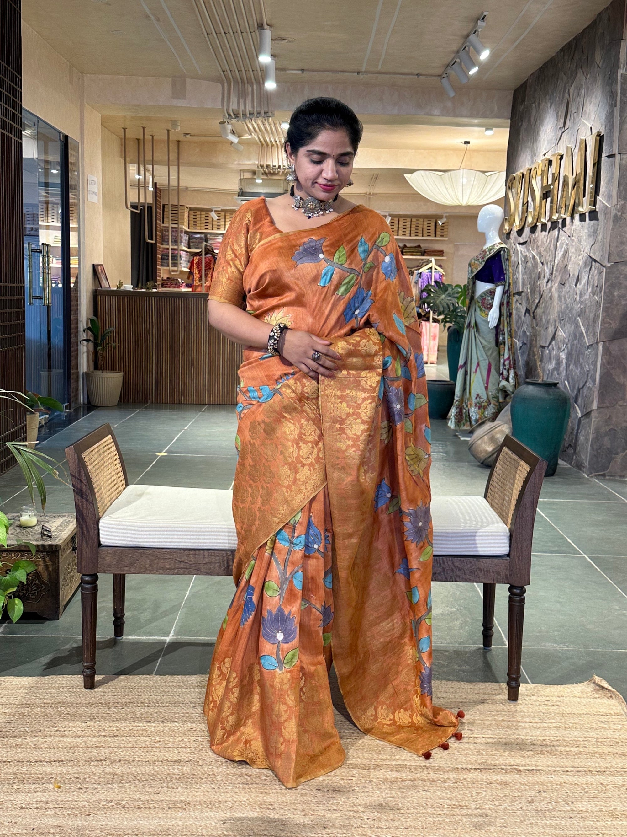 Rust Orange Pure Handloom Munga Banarasi Saree with pichwai handpainting .