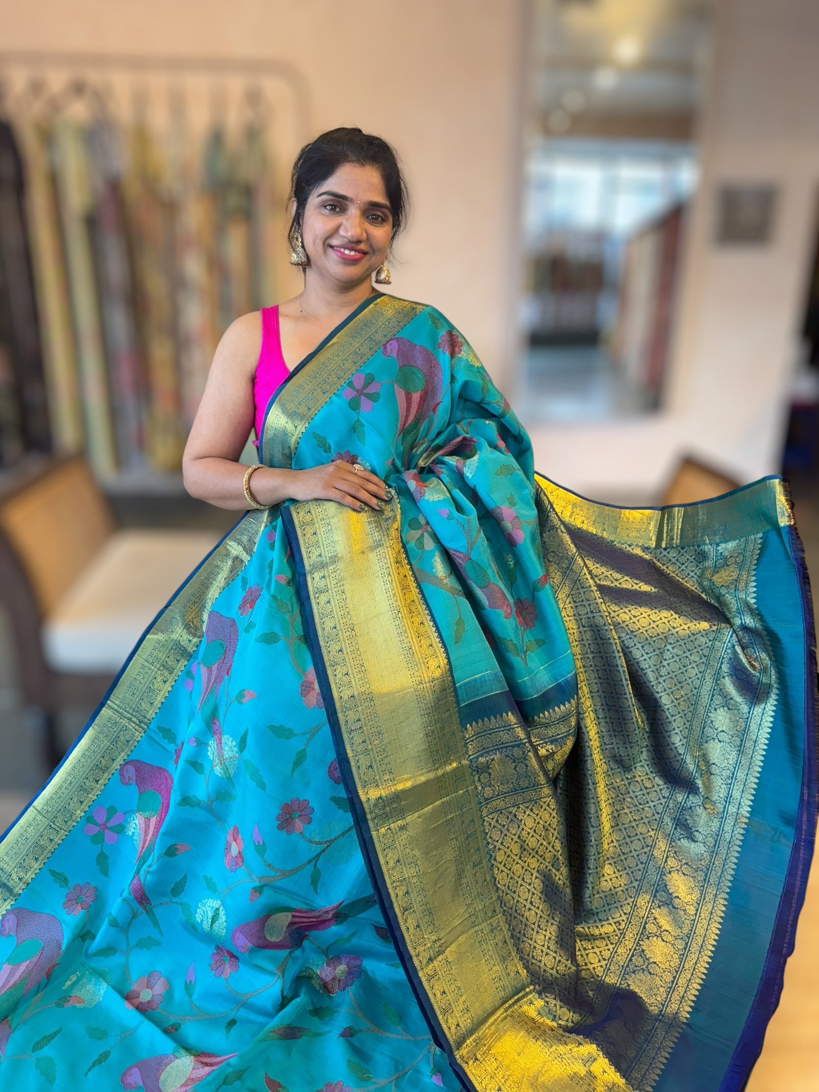 Kanjeevaram Silk Saree With Allover Pythani Inspired Parrot Embroidery