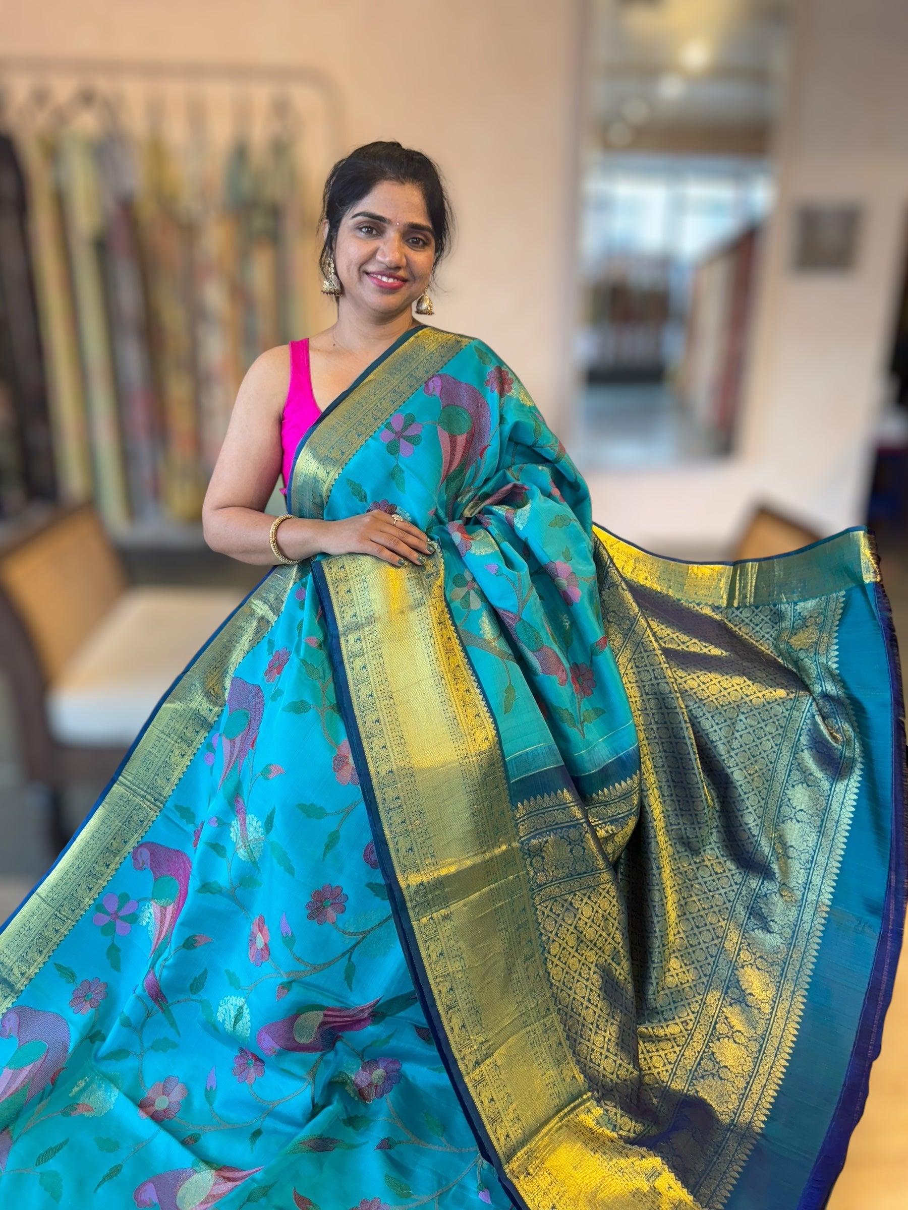 Kanjeevaram Silk Saree With Allover Pythani Inspired Parrot Embroidery