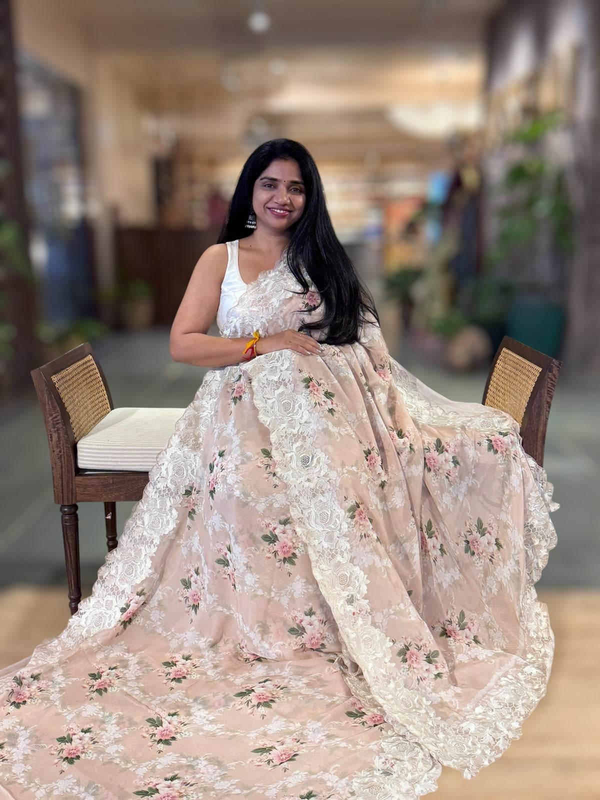 Nude Gorgette Printed Saree With Chatilly Lace Style Cutwork embroidered Border