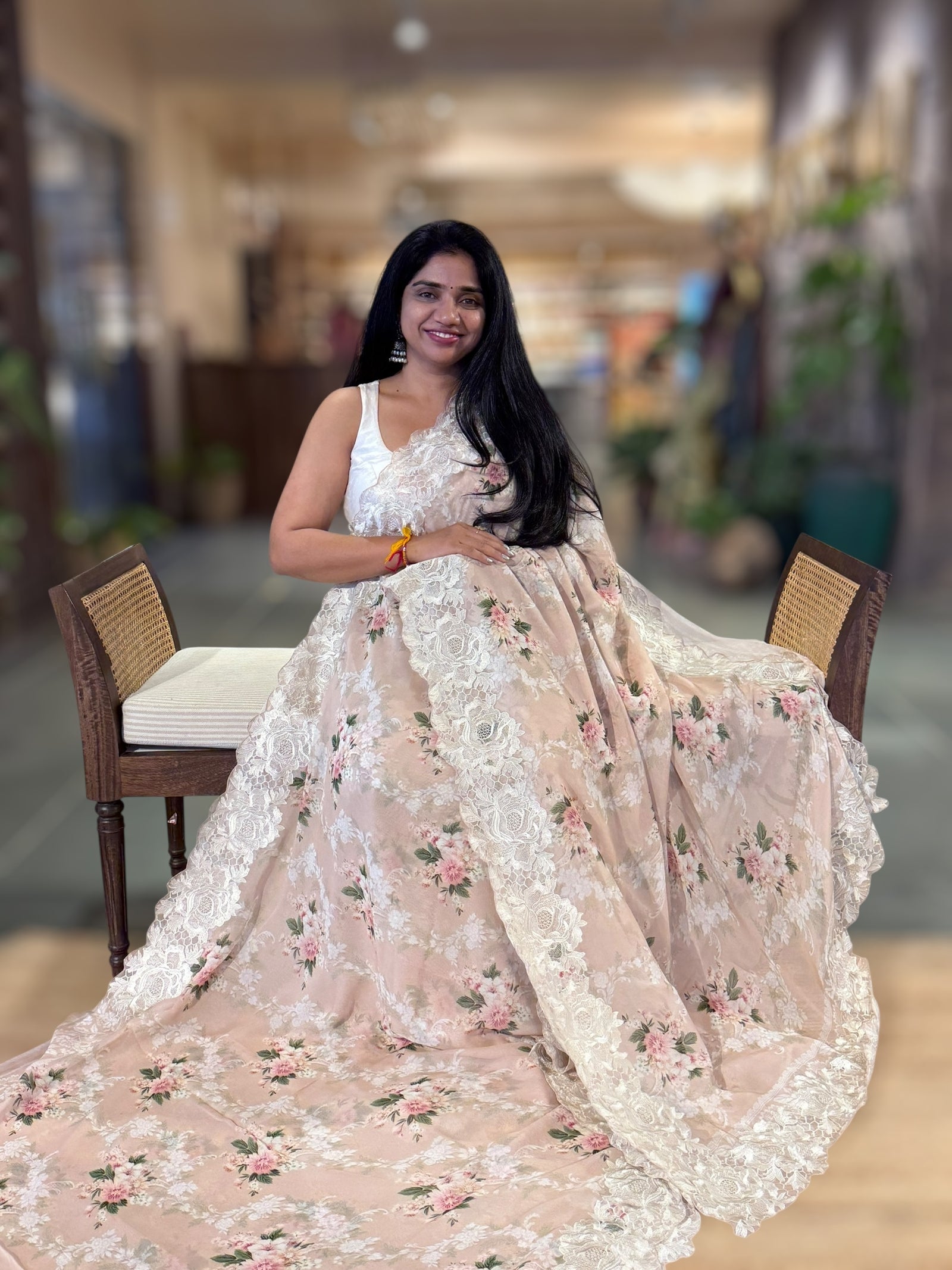 Nude Gorgette Printed Saree With Chatilly Lace Style Cutwork embroidered Border
