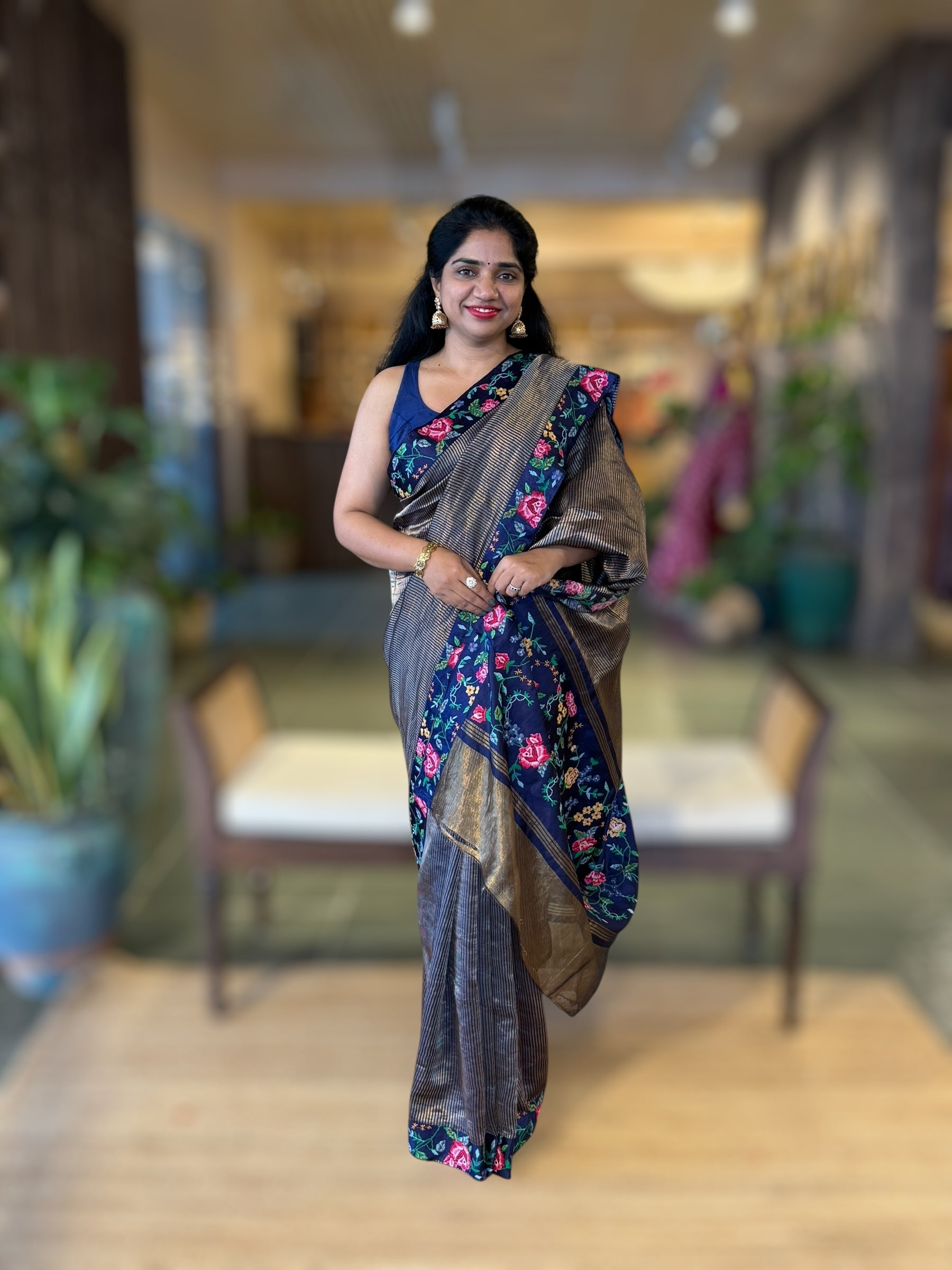 Navy Tissue Stripes Saree wth Petite Point Embroidered Border Pallu & BP