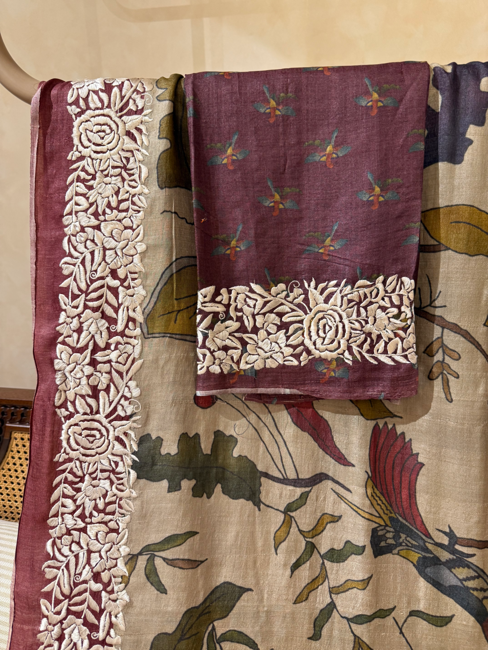 STPGA907 Pure Tussar Fusion Saree with Parsi Gara Embroidered border