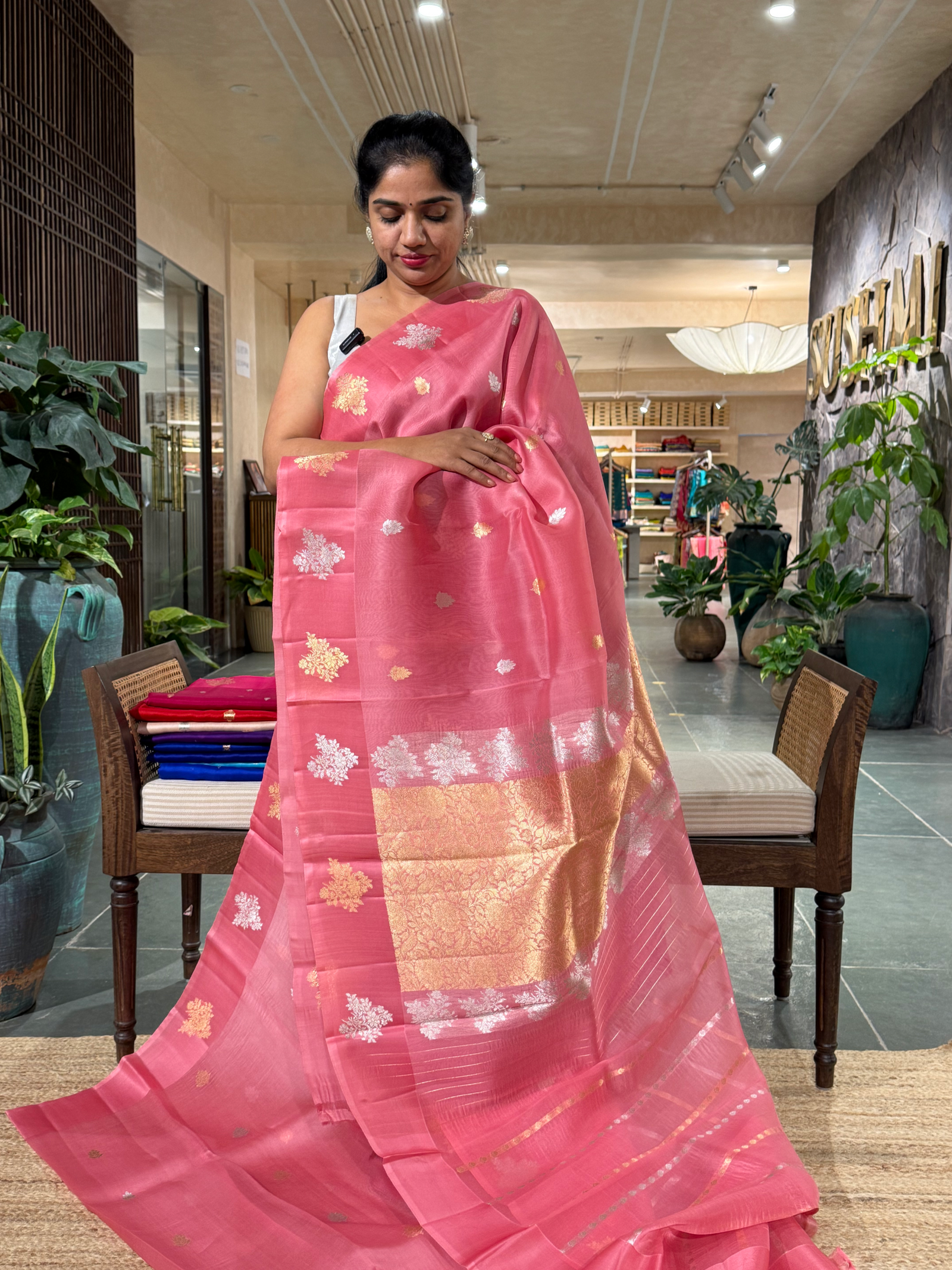 Coral Pink Beige Kora Banarasi Handloom Silk Saree with Sona Rupa Kaduwa Weaving