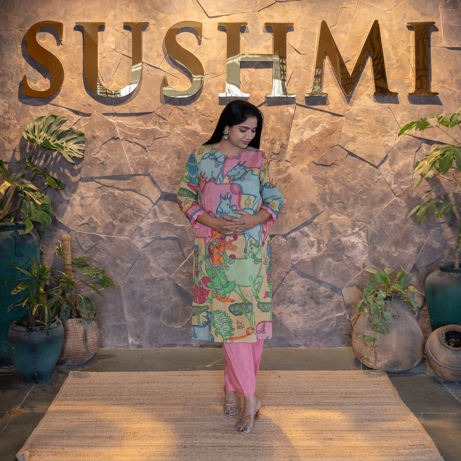 Nandi and Krishna concept Pen Kalamkari Silk Coordset