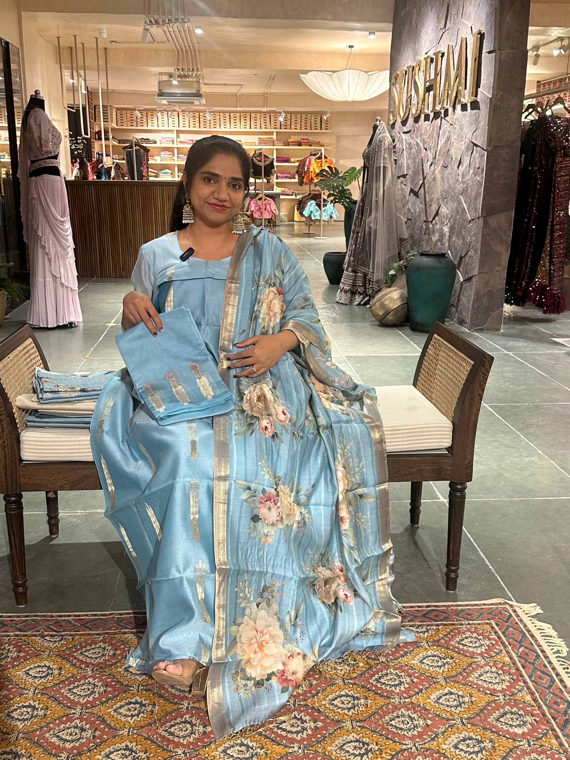 Dark Powder Blue Banarasi Silk Cotton 3-pc Suit Set