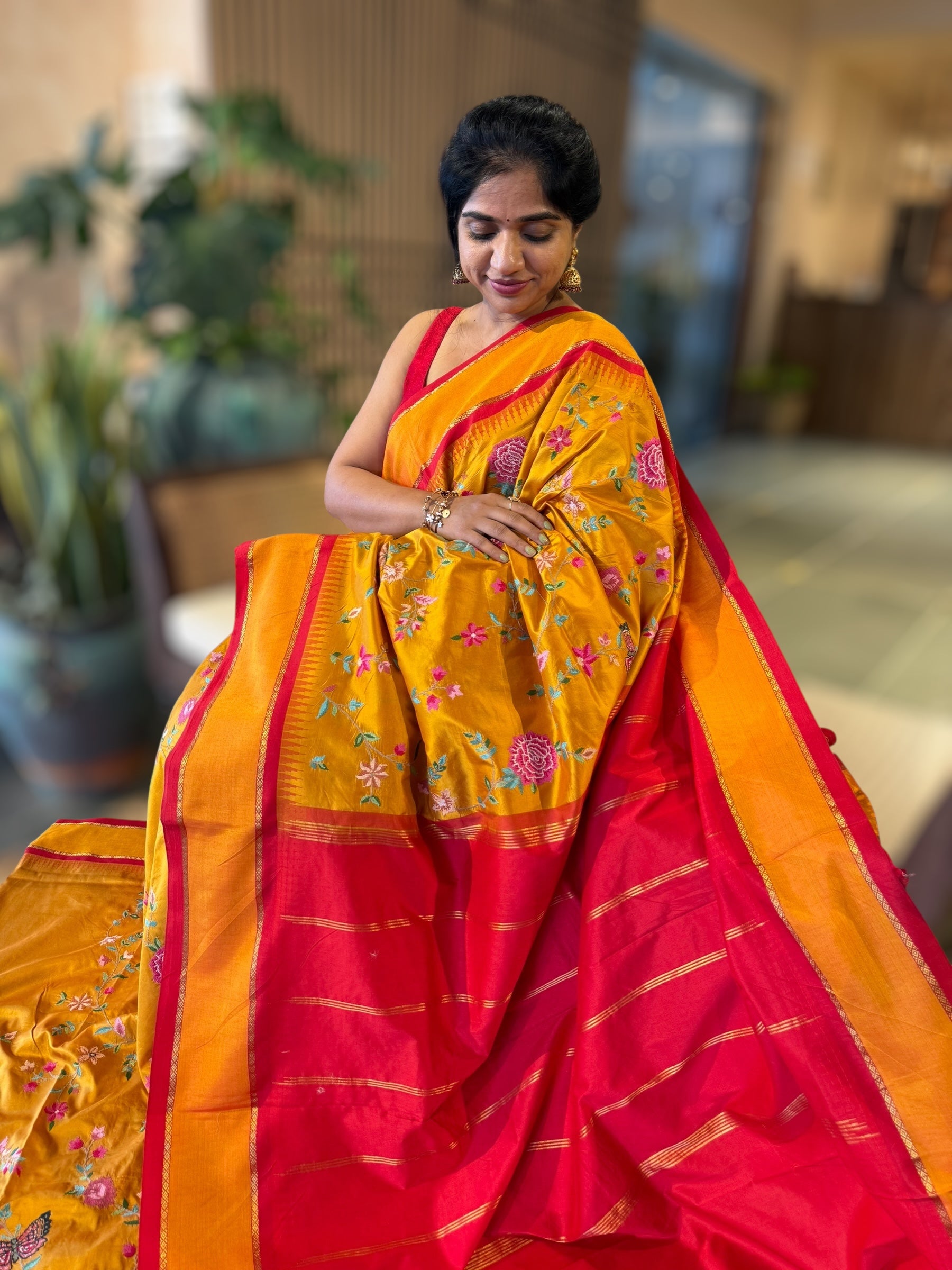 Kanchi Gap Border Saree With Allover Petite Point Embroidery