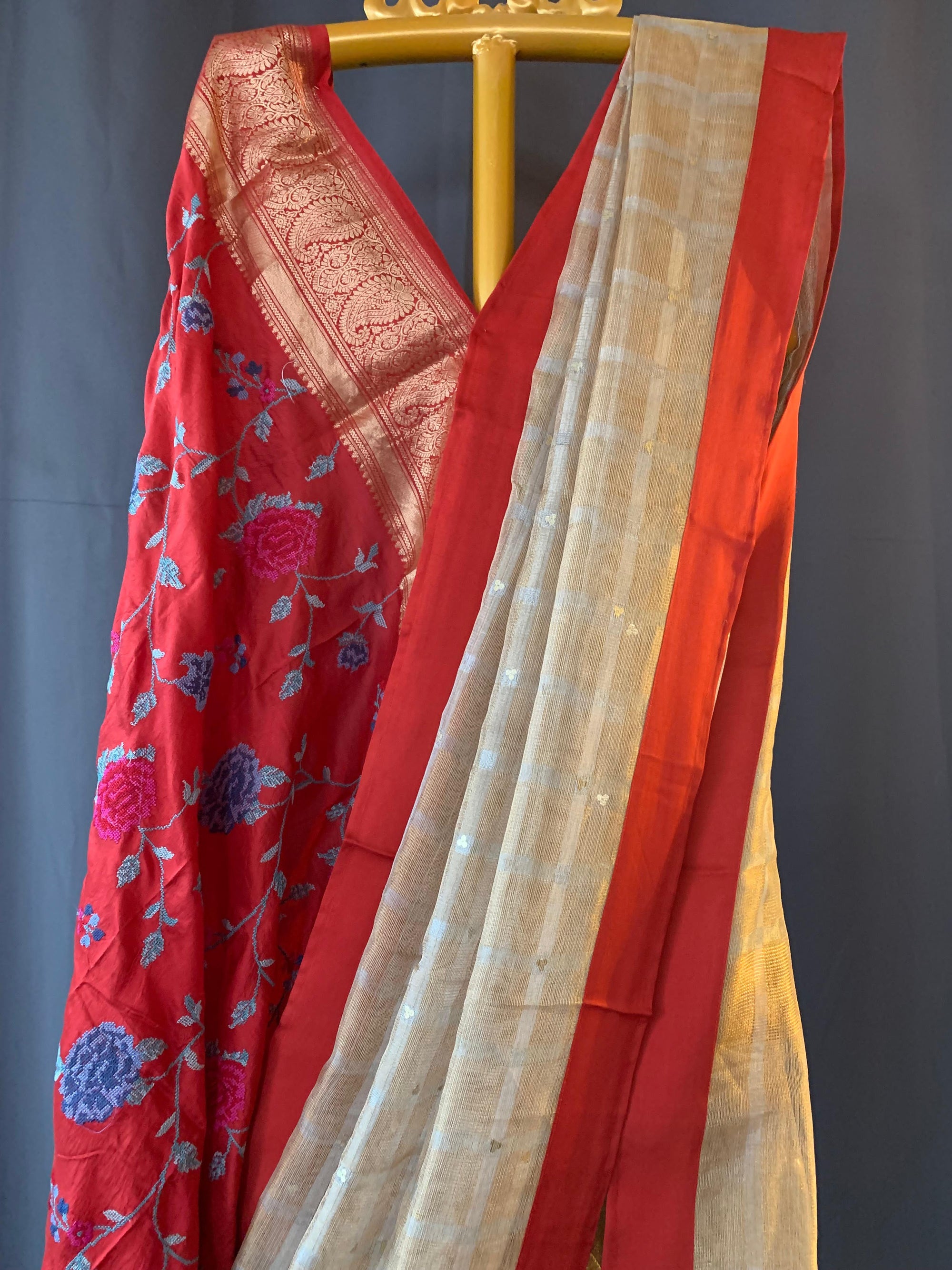Designer Pure Handloom Gold tissue saree with kanchi petite point work blouse