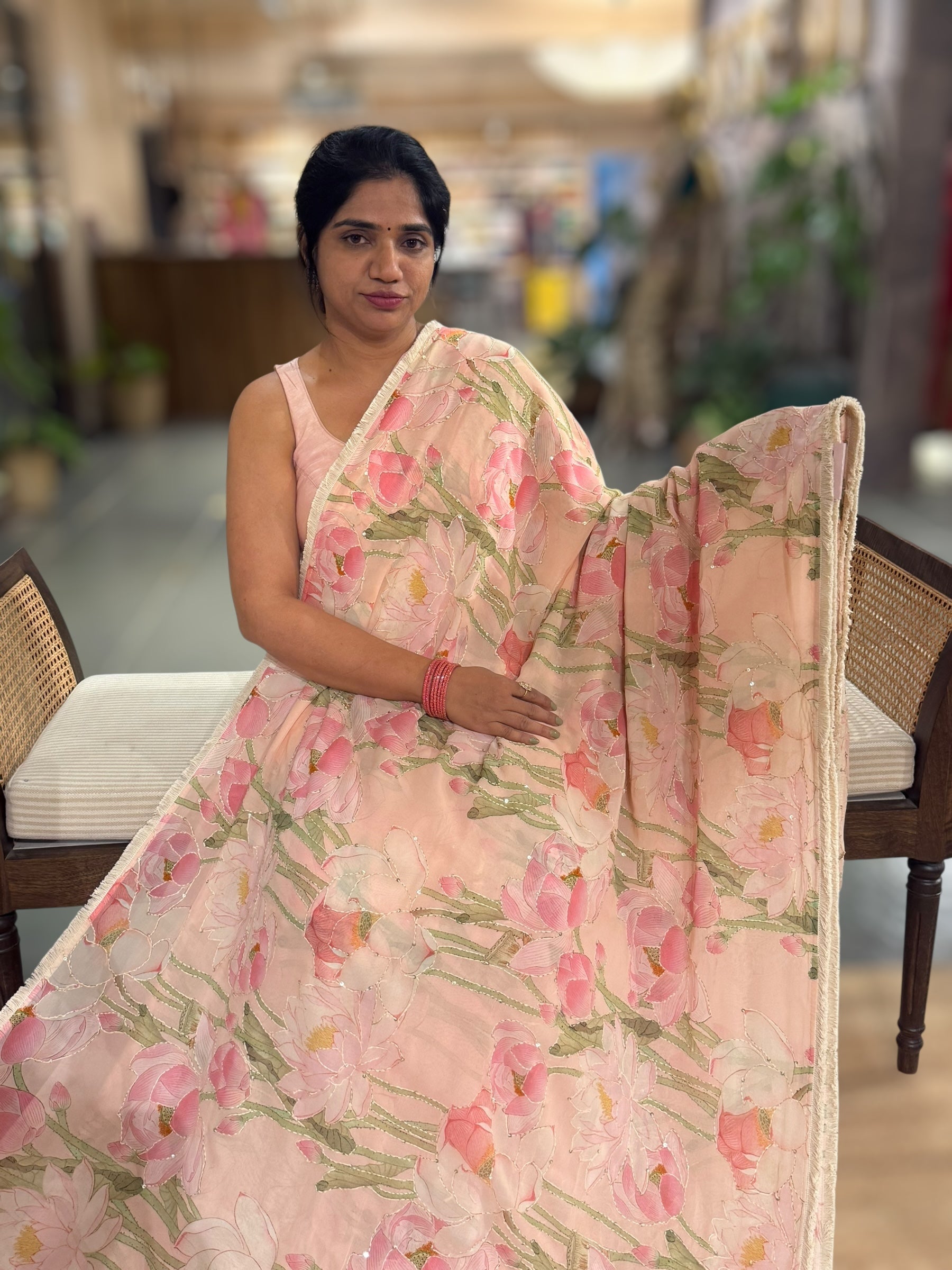 Peach Pink Pure Gorgette Printed Saree With Allover Hand Done Katha work