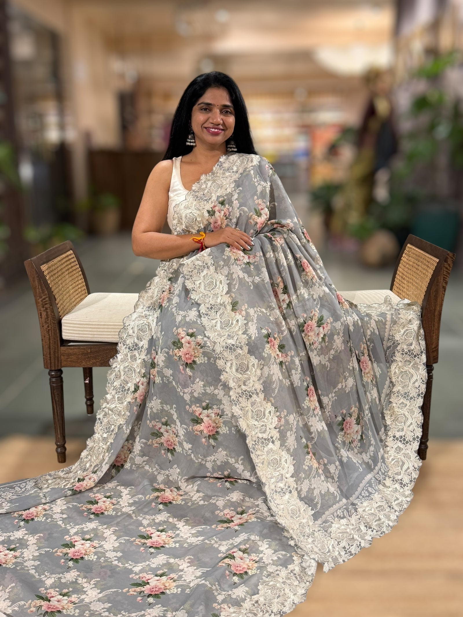 Grey Gorgette Printed Saree With Chatilly Lace Style Cutwork embroidered Border