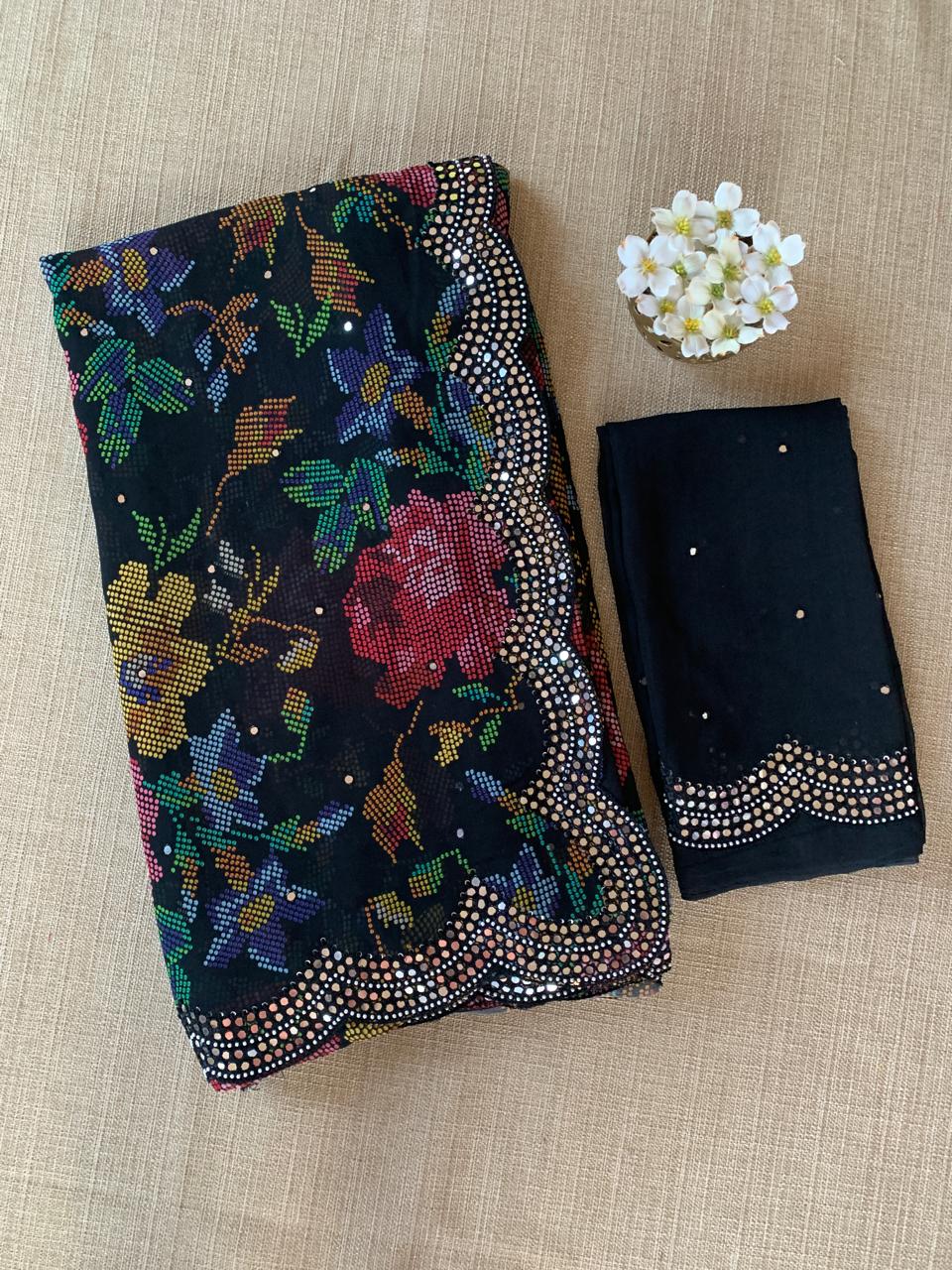 Black Gorgette printed Saree with handwork mirrorwork borders