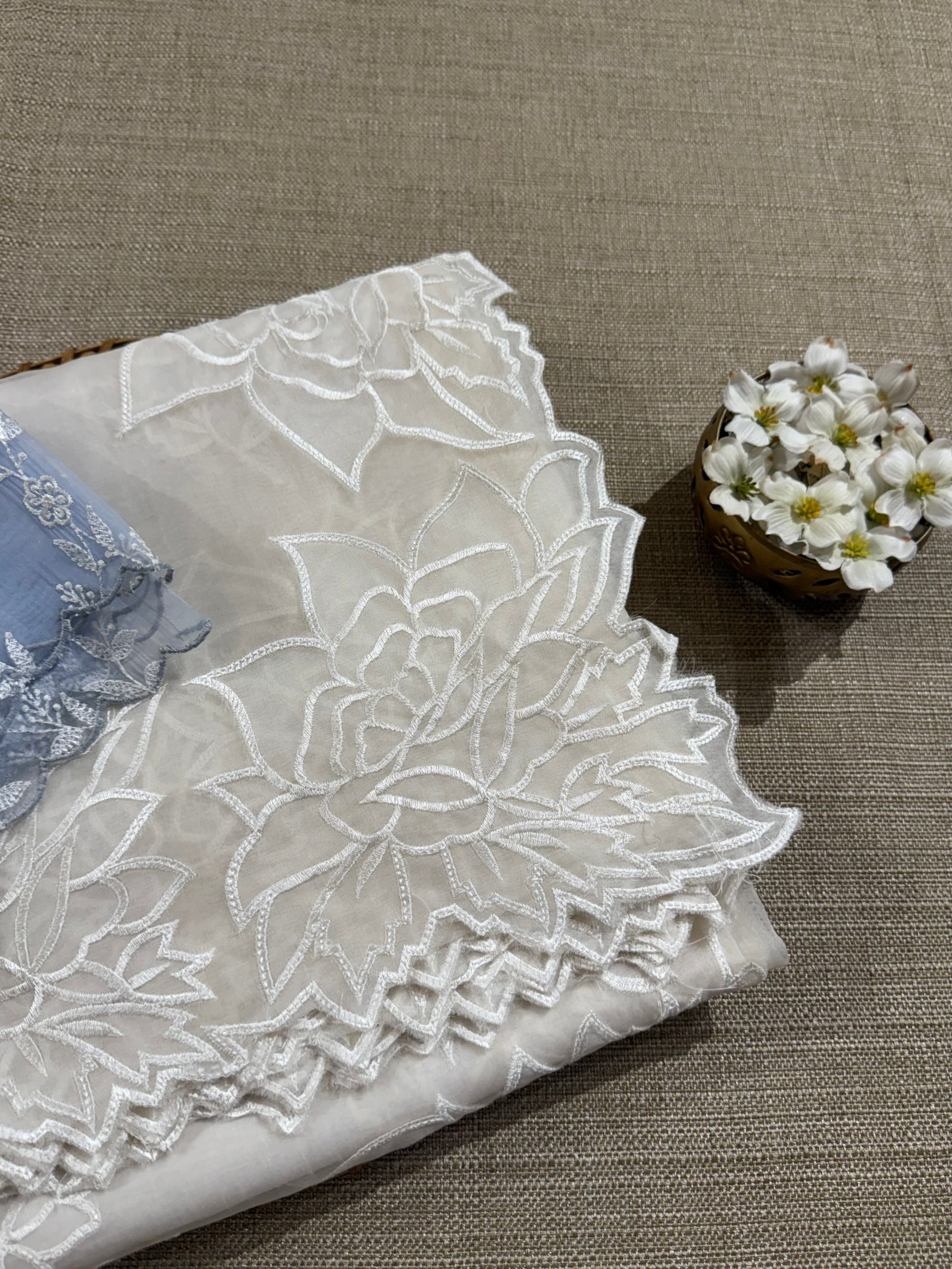 OROSEV1903 : White Organza Saree with Embroidered Rose Border