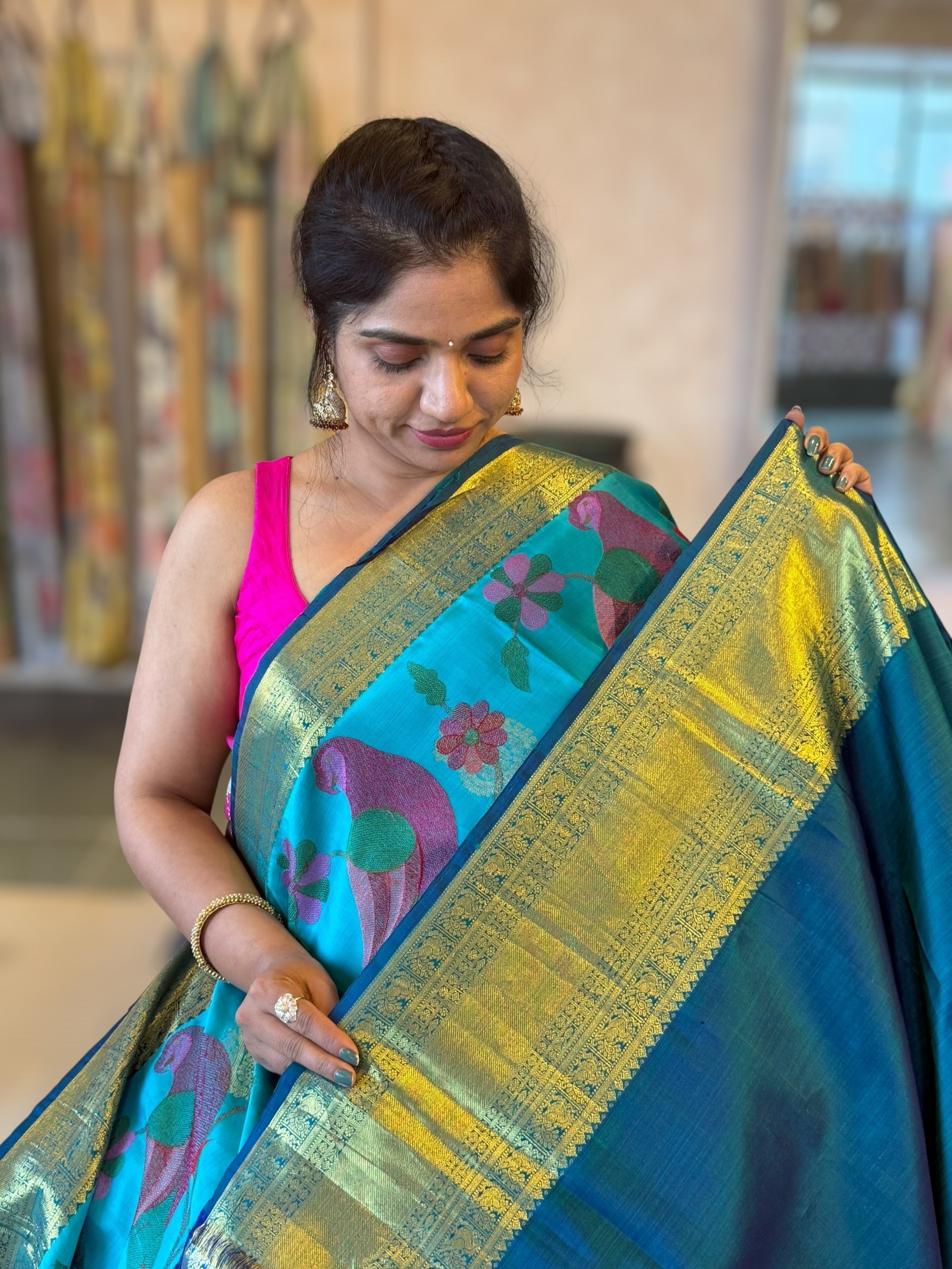 Kanjeevaram Silk Saree With Allover Pythani Inspired Parrot Embroidery