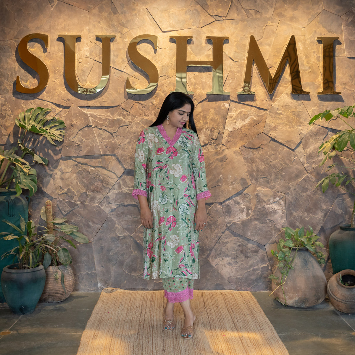 Floral printed coordset with lace hemline for neck and sleeves .Bottom is also p