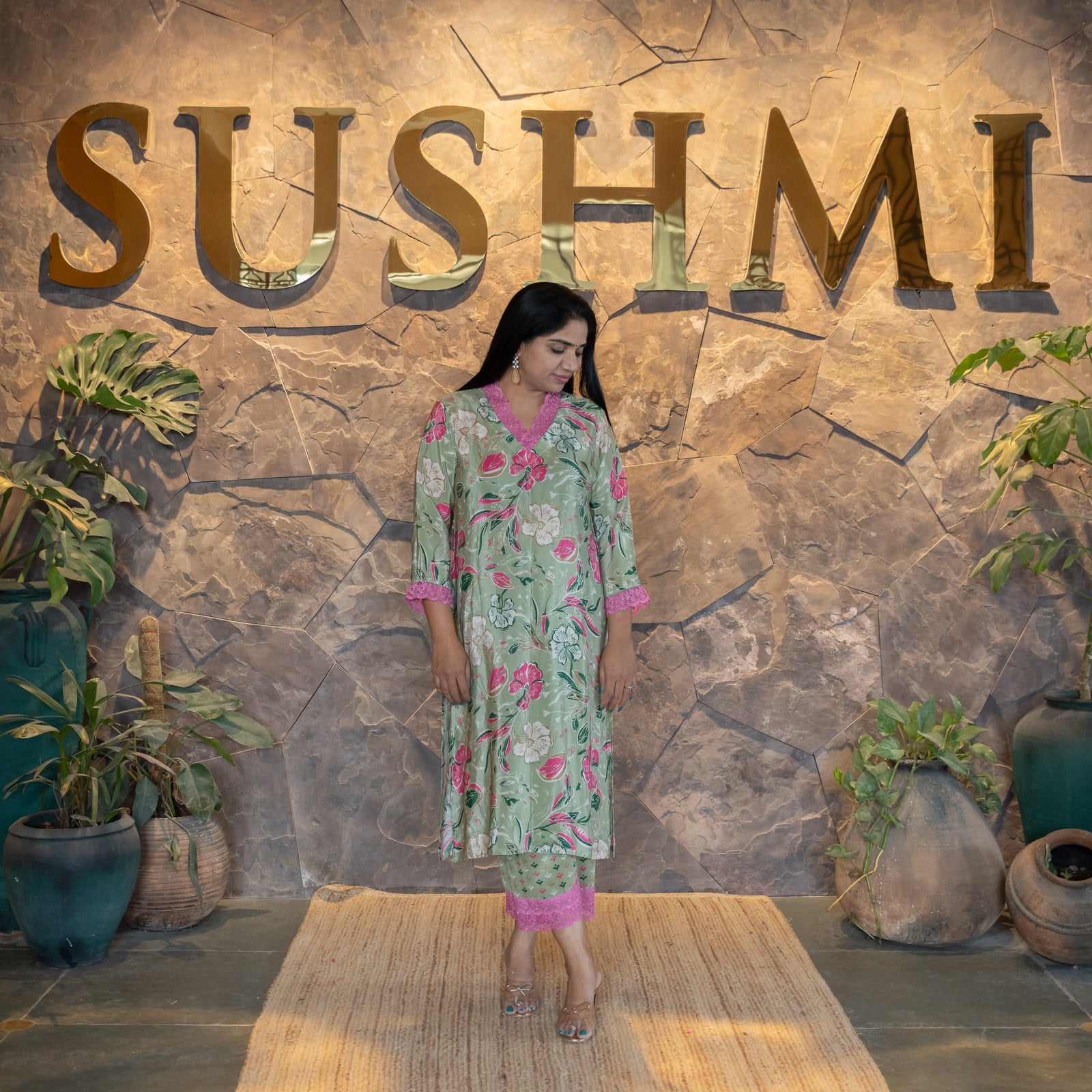 Floral printed coordset with lace hemline for neck and sleeves .Bottom is also p