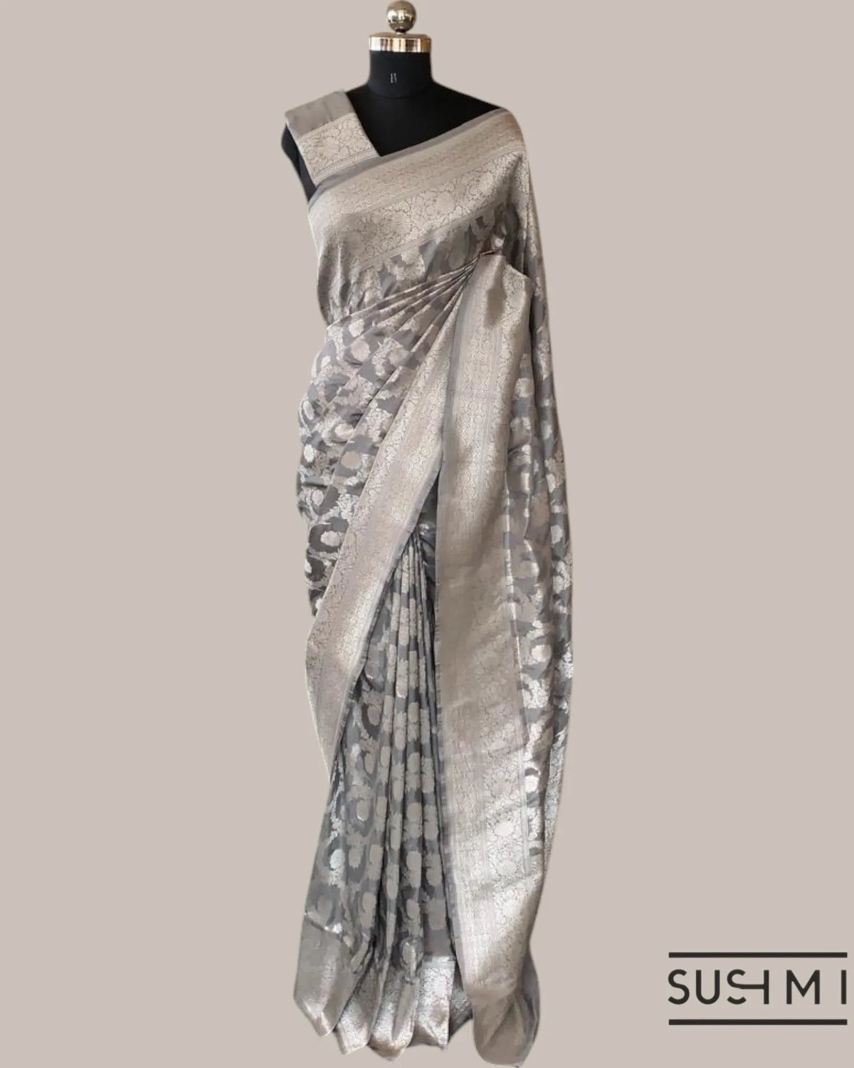 Silverish Grey Banarasi Katan Silk Saree with Allover Floral Jaal Weaving Blouse