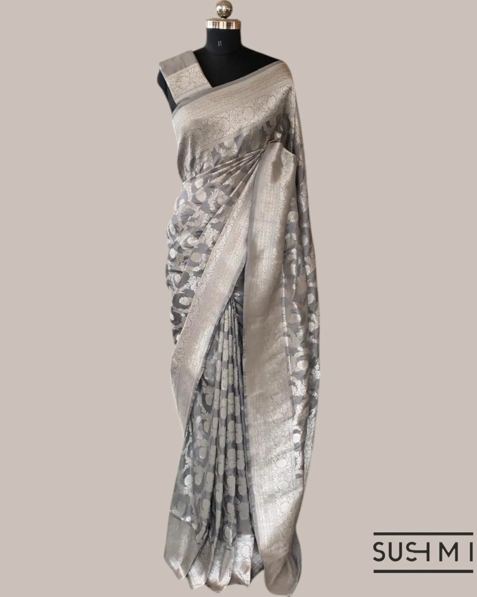 Silverish Grey Banarasi Katan Silk Saree with Allover Floral Jaal Weaving Blouse