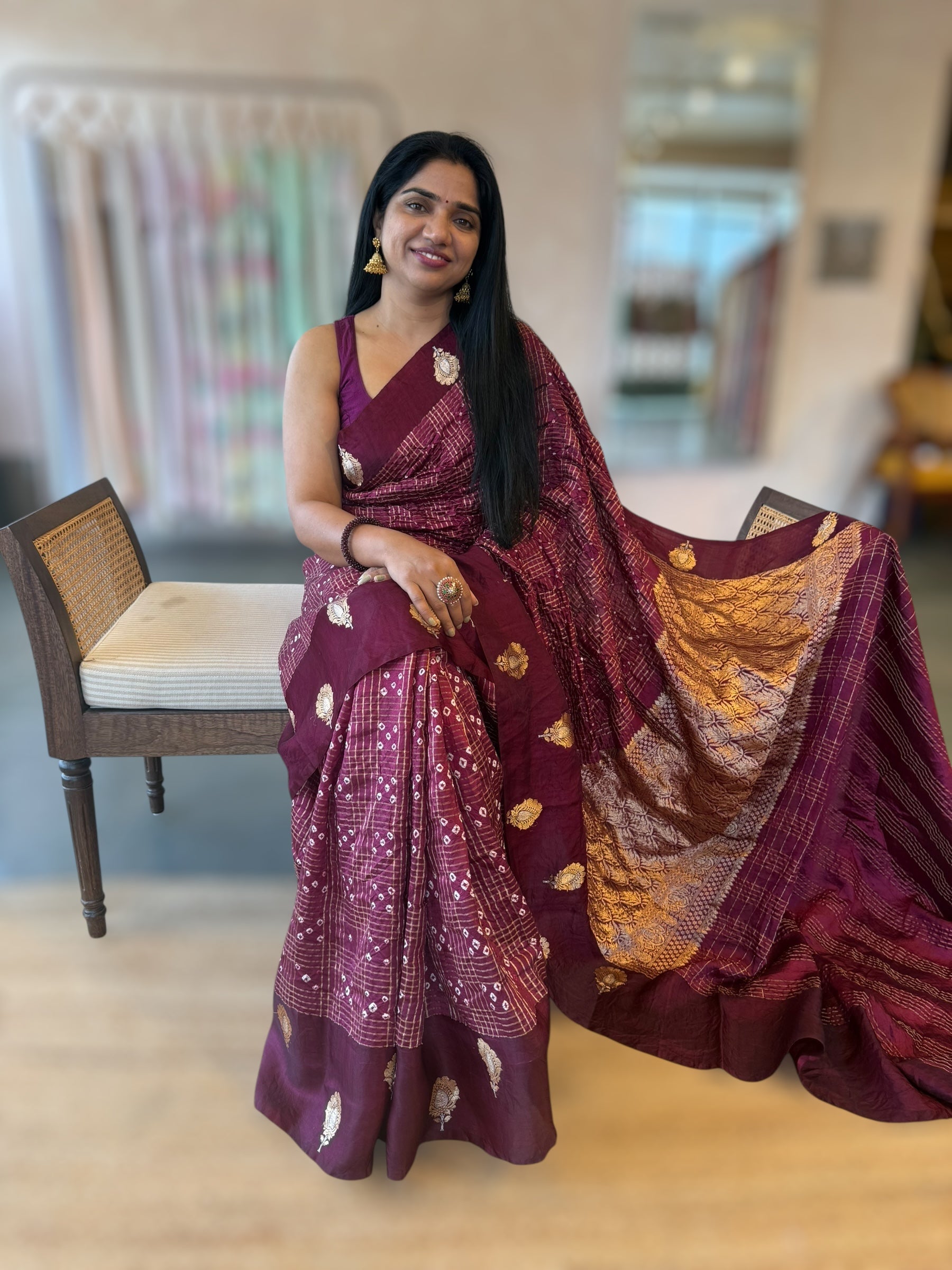 Wine Banarasi Bandhej Silk Saree With Kaduwa Woven Open Mashru Borders