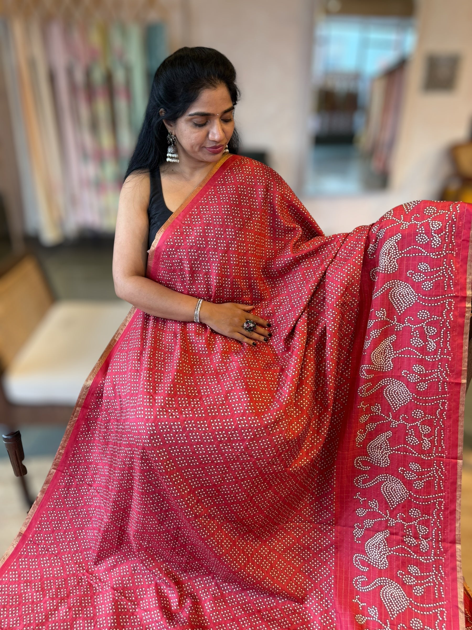 Black Kanchi Soft Silk Saree With Zari Checks allover the Saree &Bandhini Print