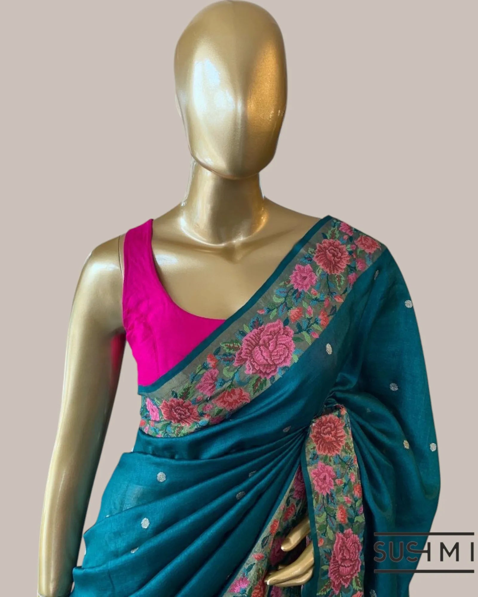 Peacock Blue Pure Tussar Saree with allover golden zari buti and Petite Point  e