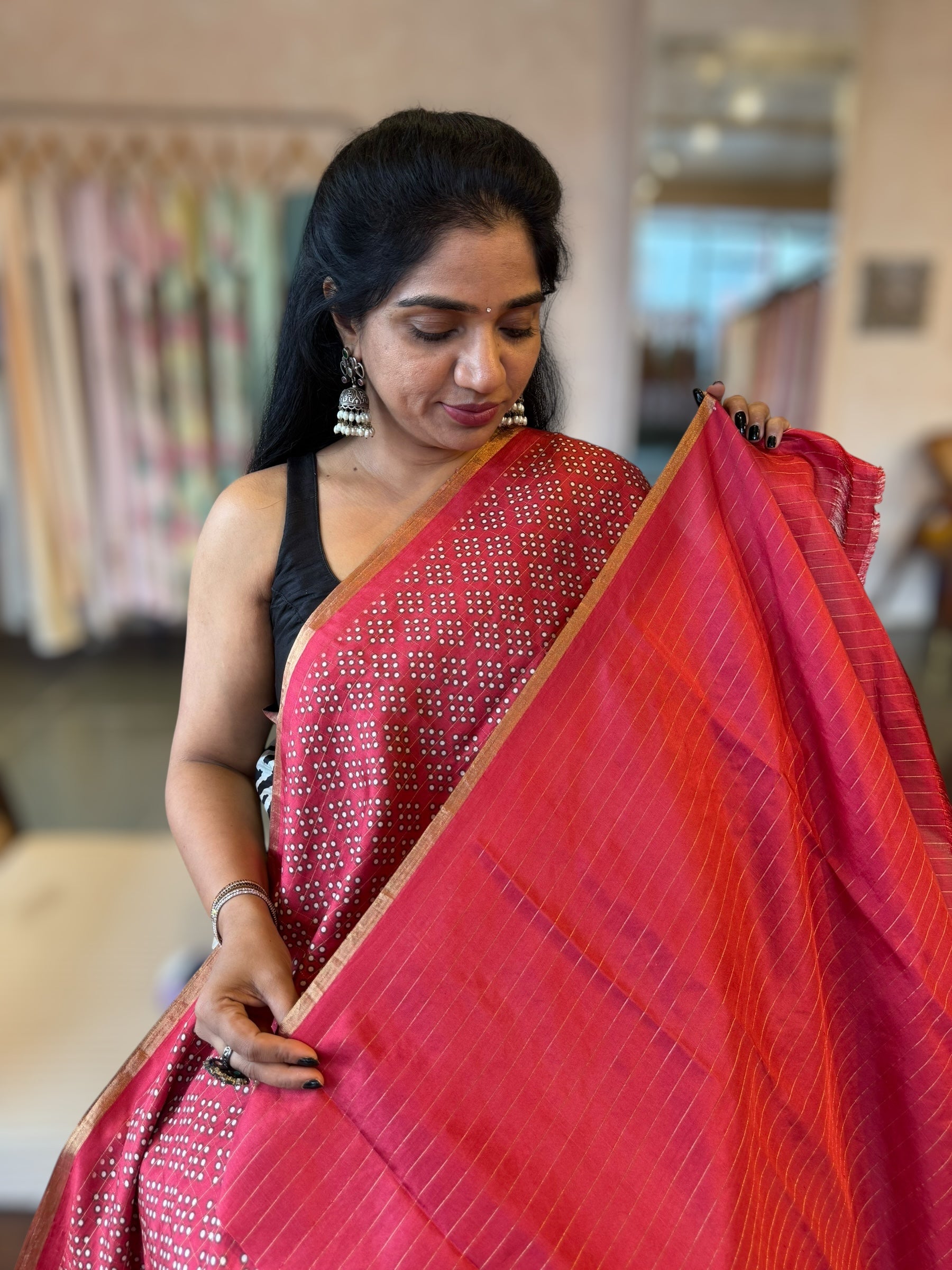 Black Kanchi Soft Silk Saree With Zari Checks allover the Saree &Bandhini Print