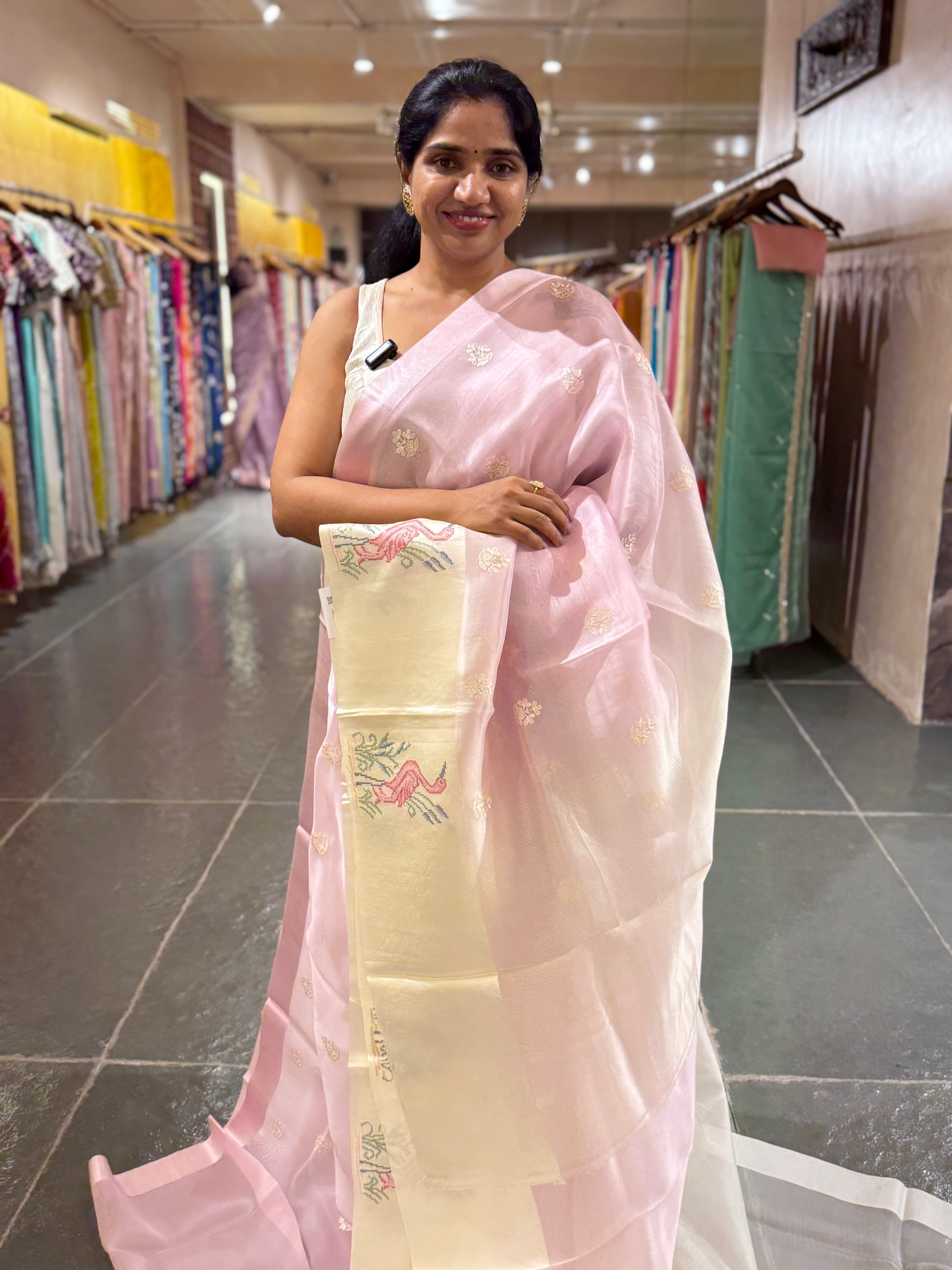 Pink Pure Organza Silk Saree with Petite Point Embriodered Swans Mashru Borders
