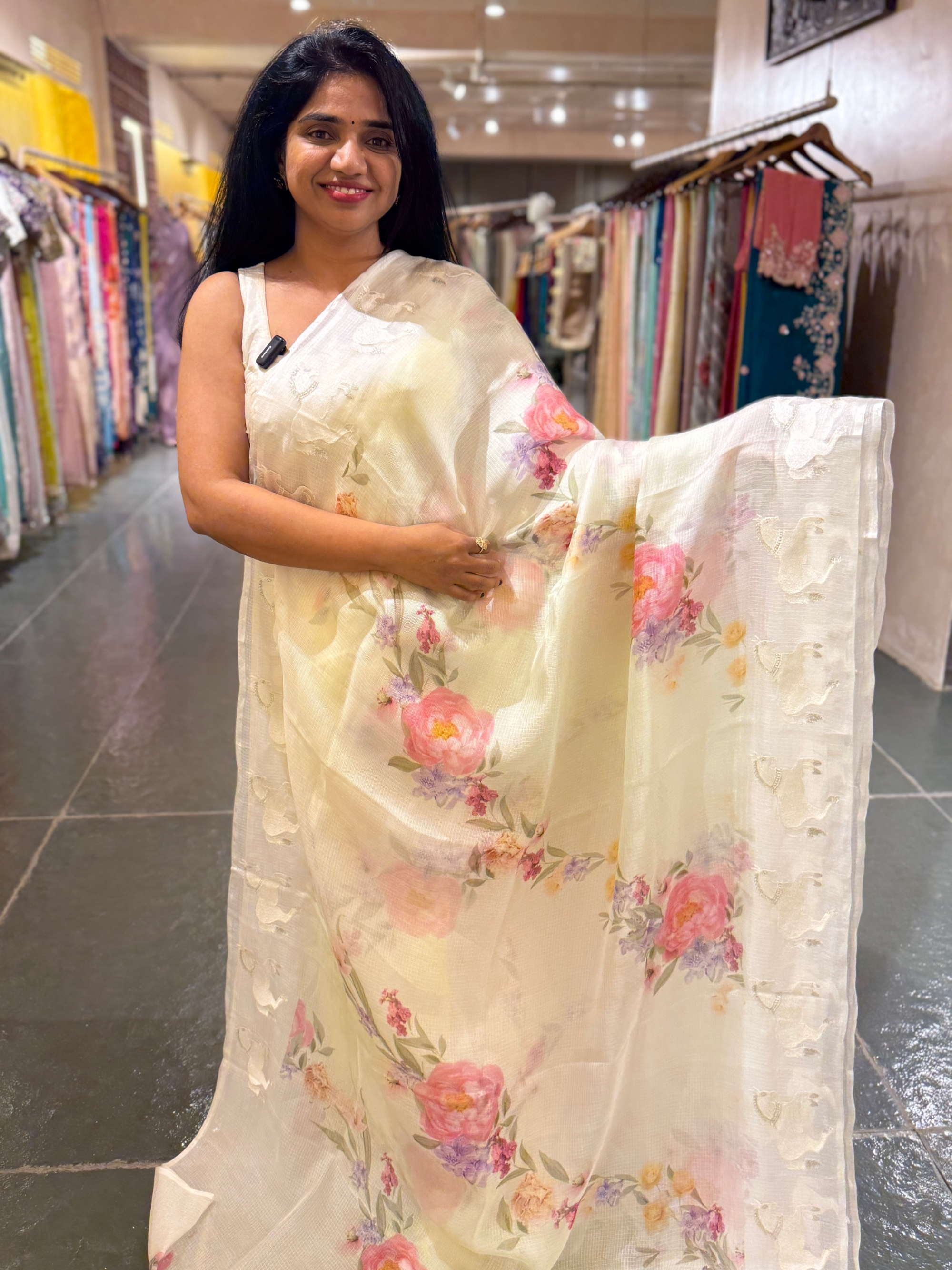 Light Apple and White Silk kota with floral print & horse embroidered borders