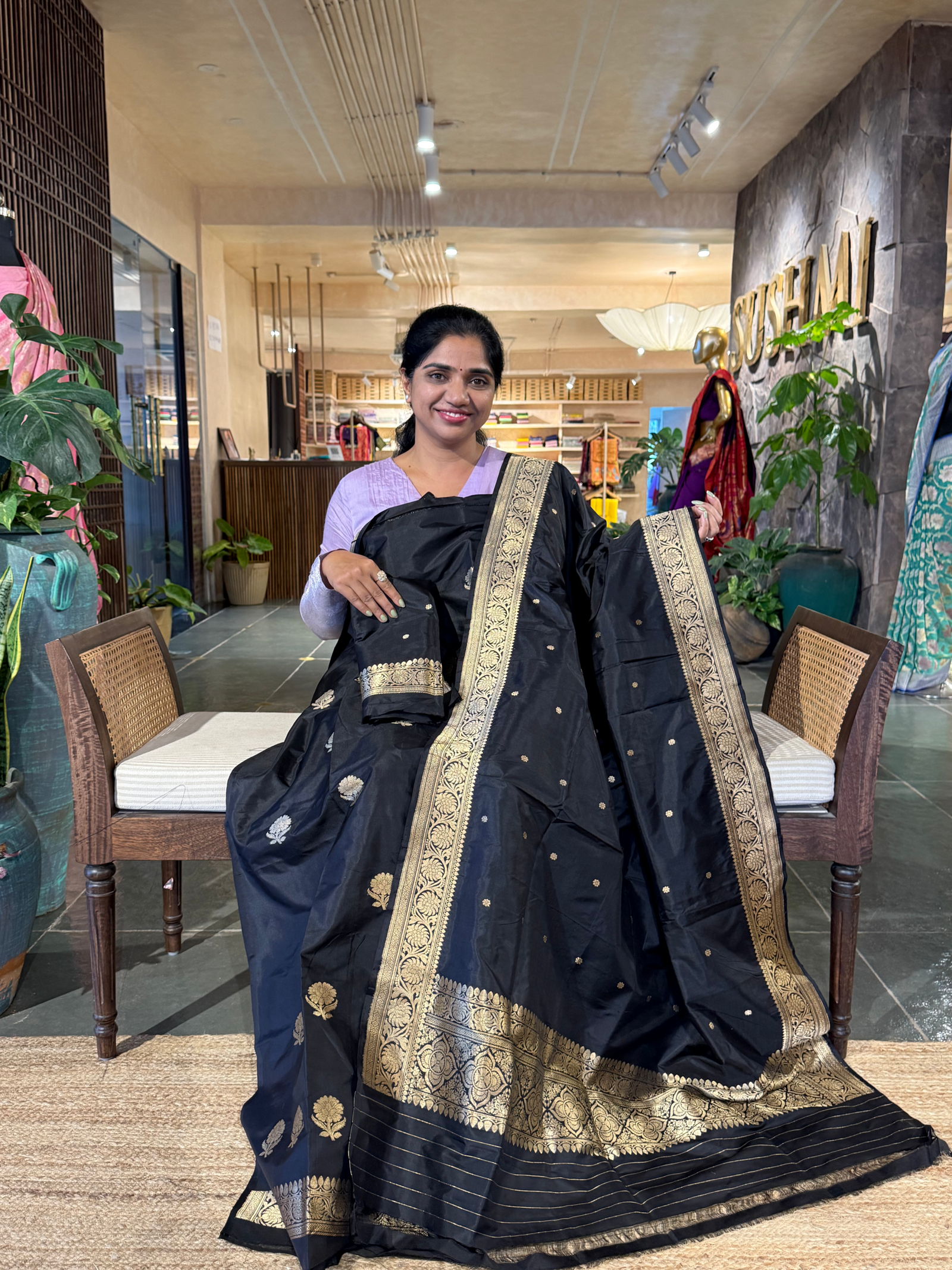 Black Pure Handloom Black Katan Silk  3 pc Suit Set with  kaduwa weaving