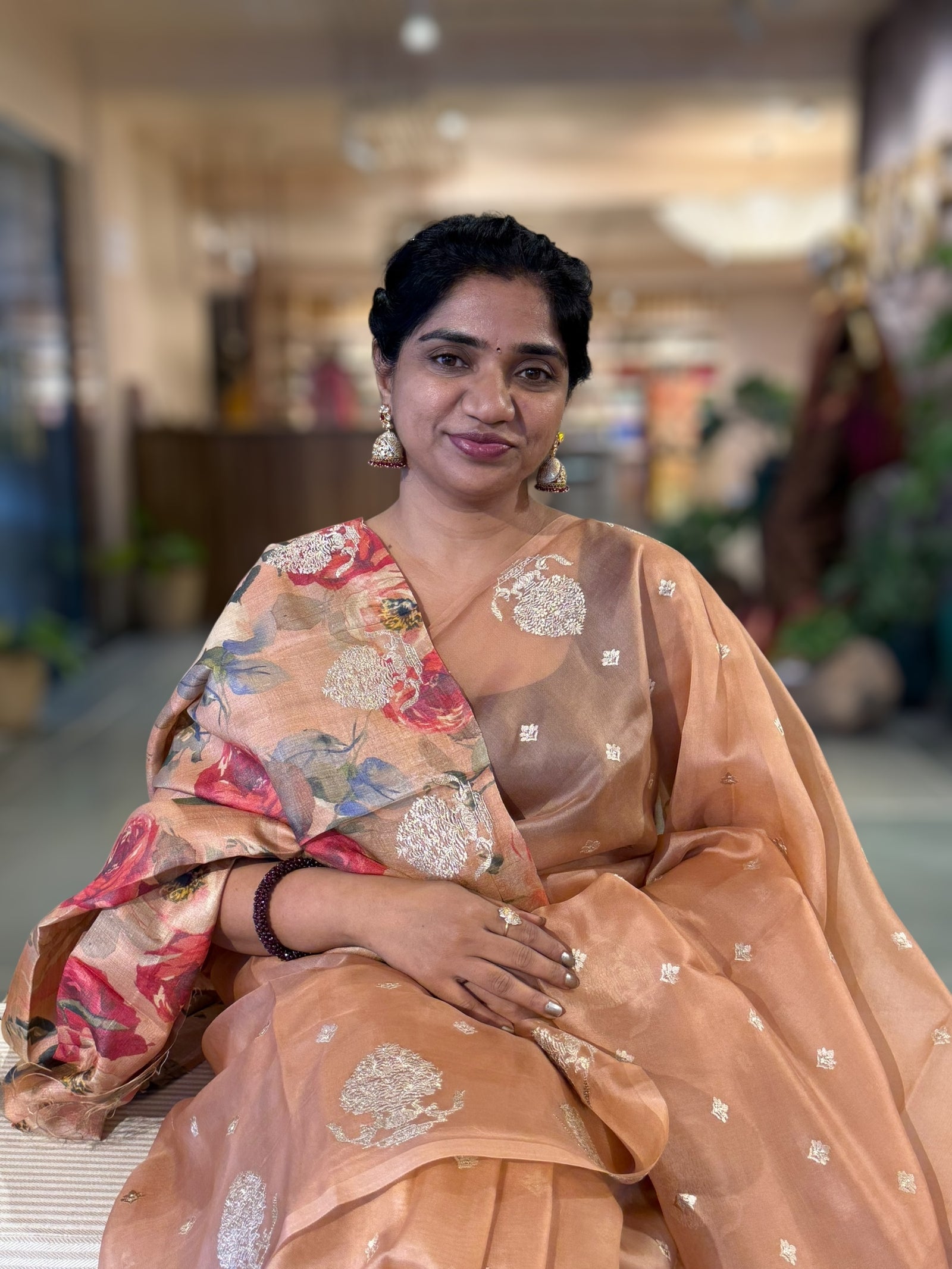 Peach Organza Saree With Embroidered Motif Border & Tussar Printed Blouse