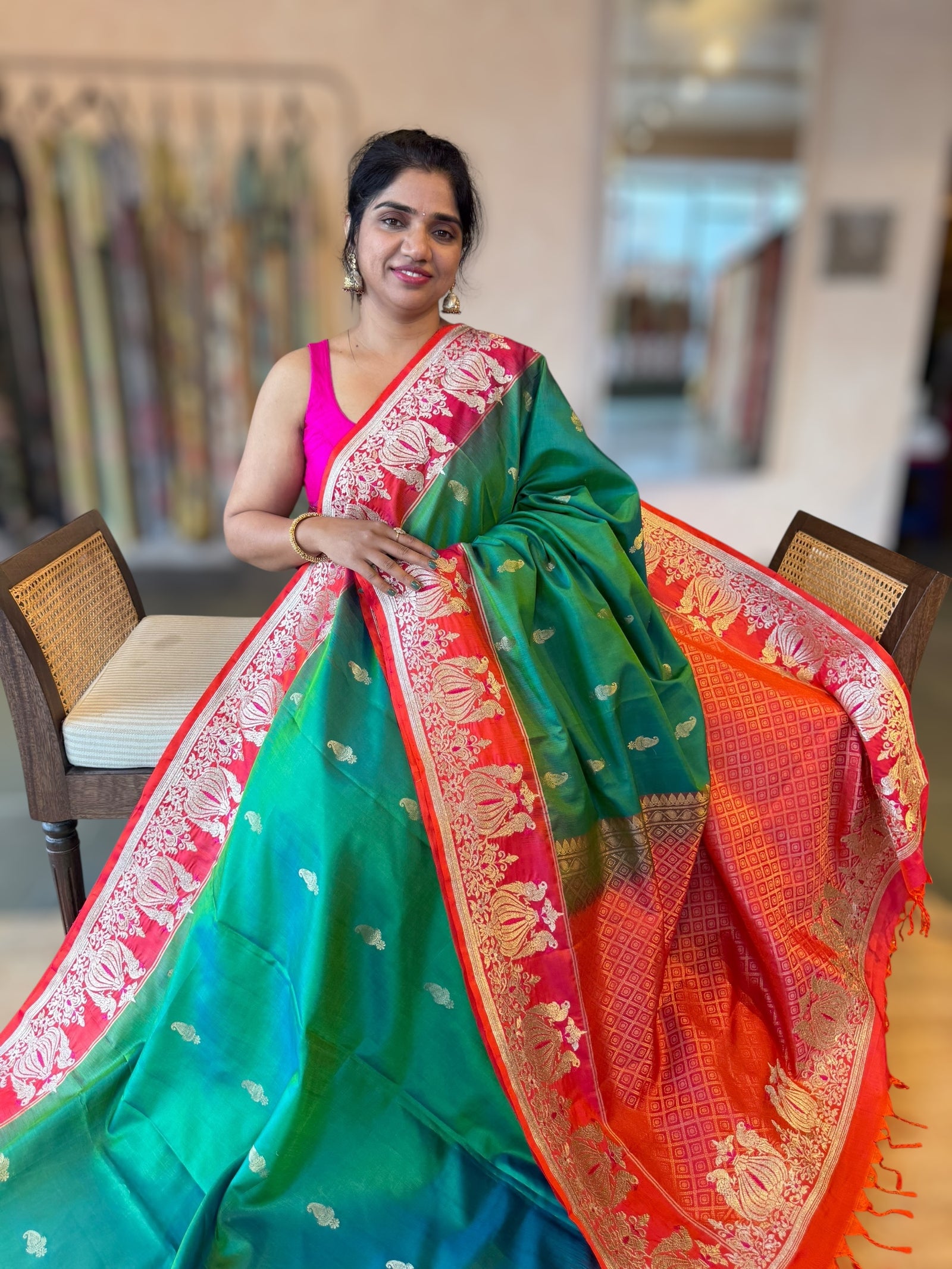 Emerald Green Kanchi Silk Saree in With Zari Meenakari Embroidered Border