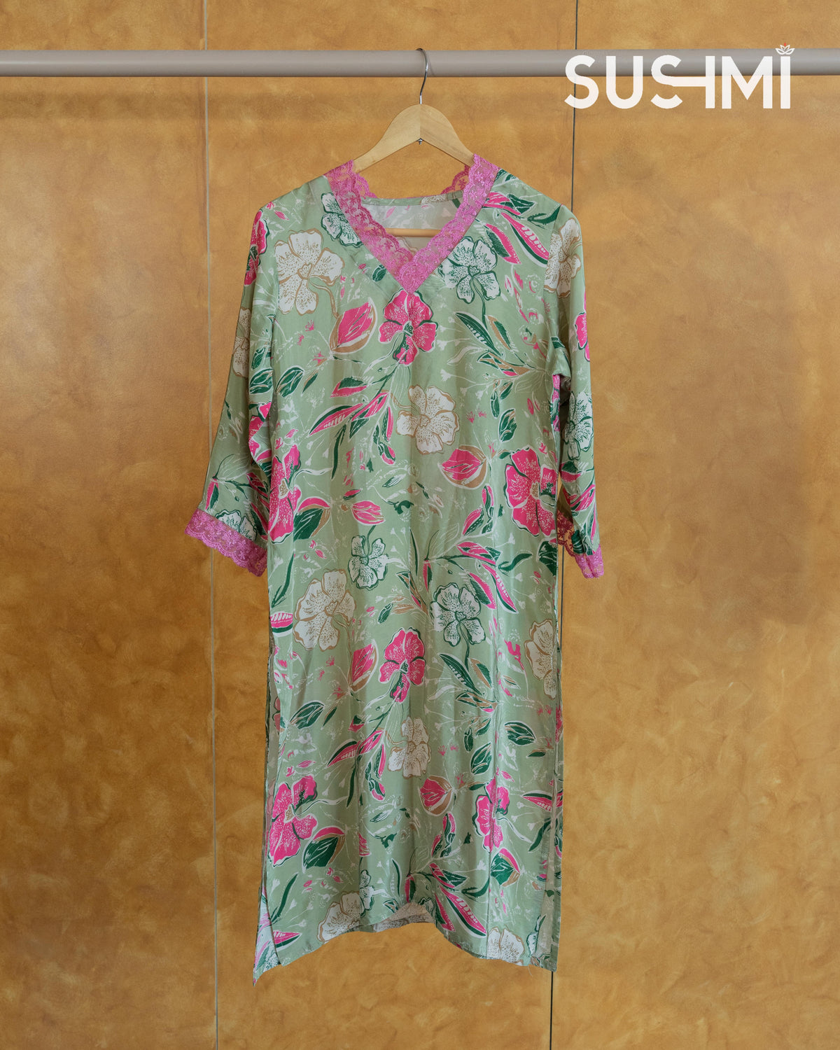 Floral printed coordset with lace hemline for neck and sleeves .Bottom is also p