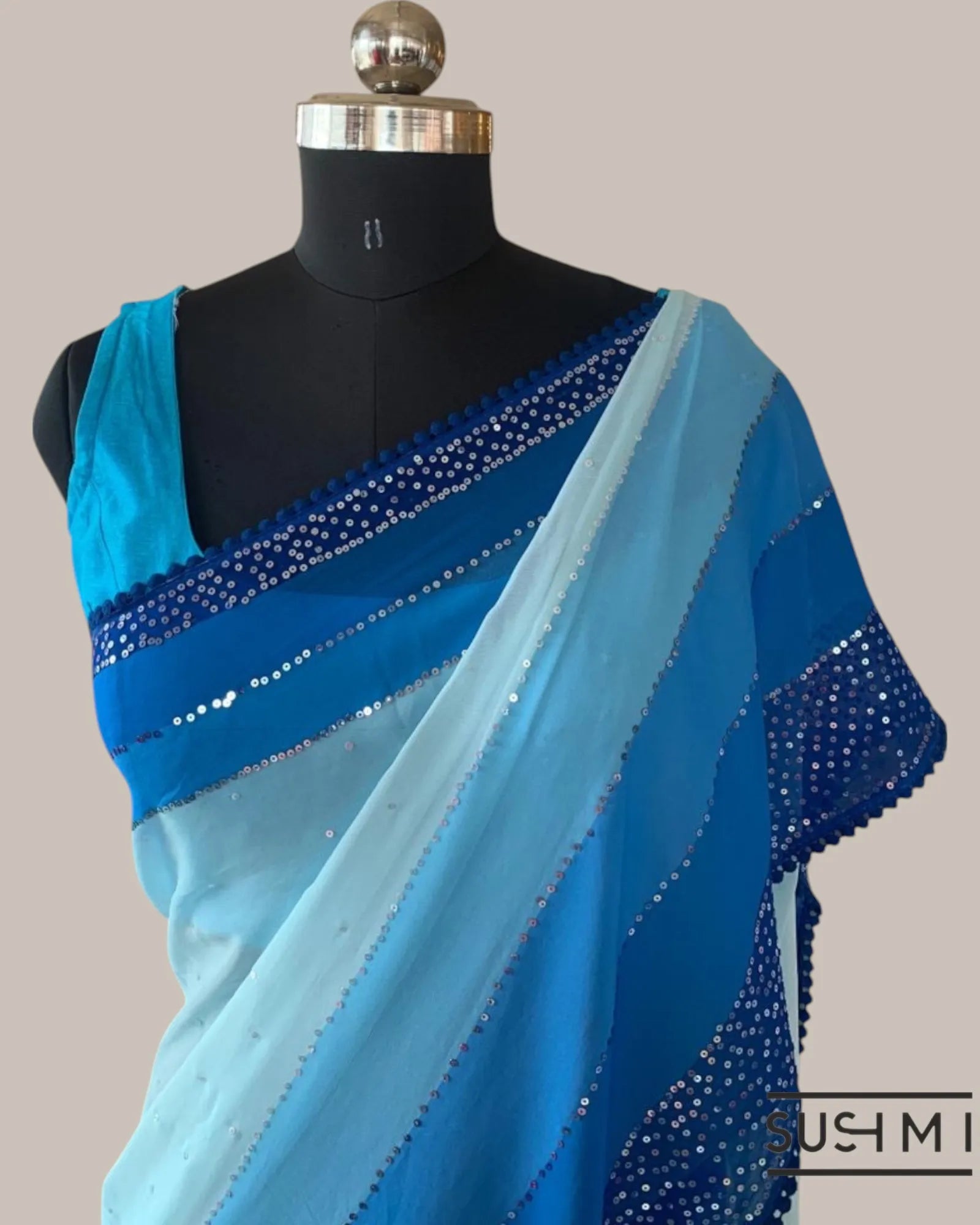 Pastel Blue Pure Gorgette Saree With Shaded Sequnce Border