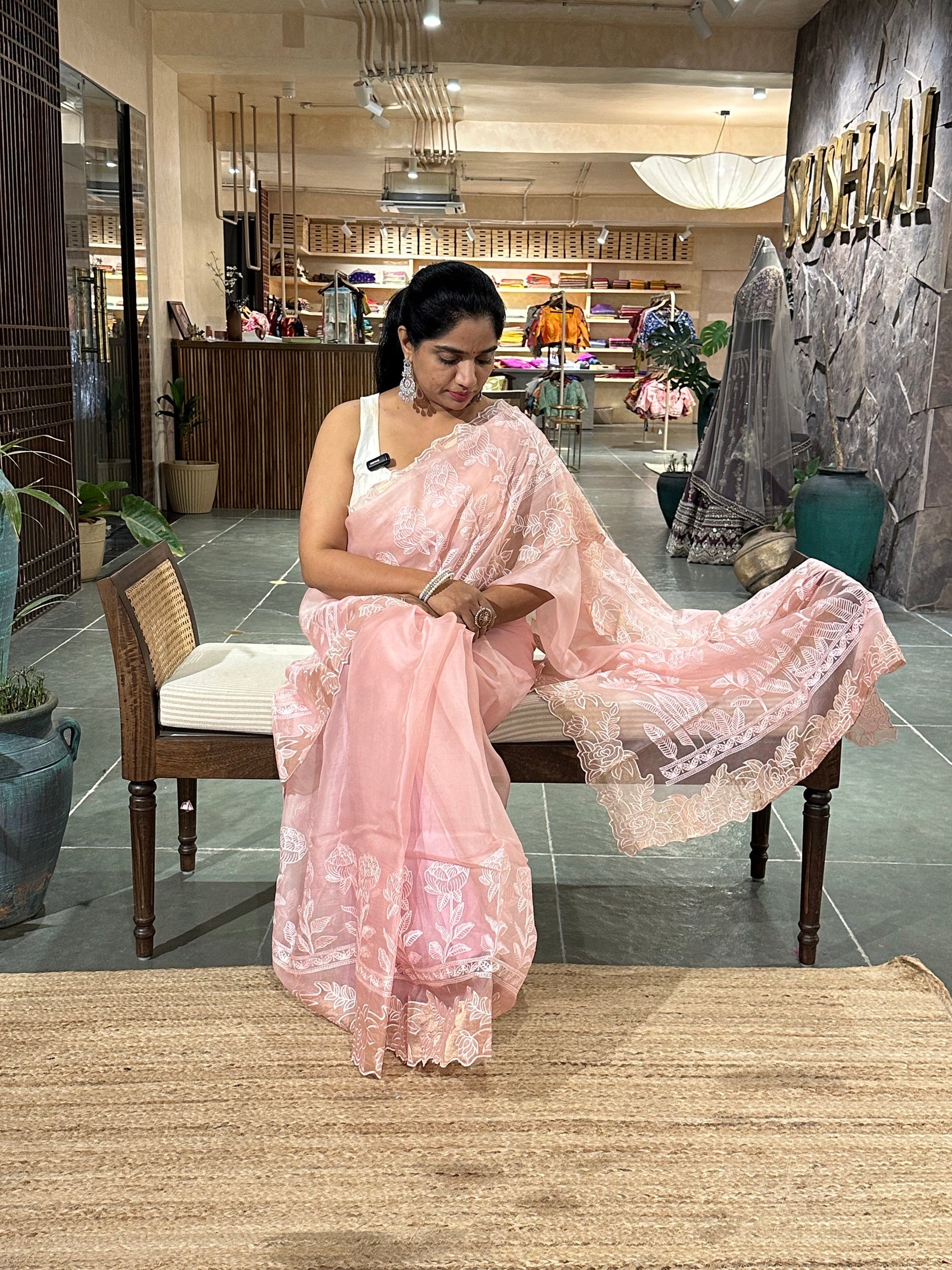 Blush Pink Pure Organza heavy  cutwork embroidered border saree