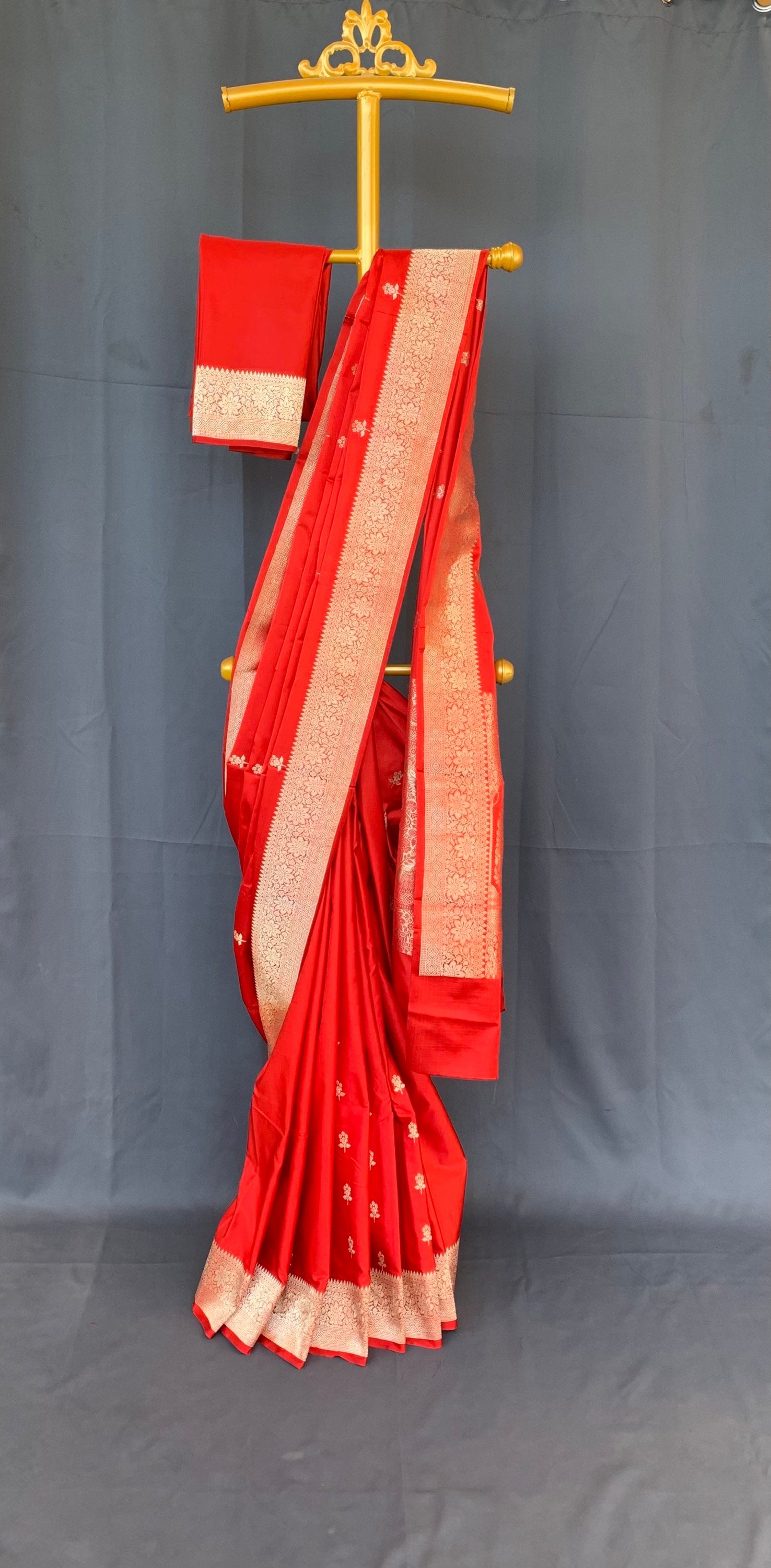 Orangish Red Pure Banarasi Handloom Mashru Silk Saree