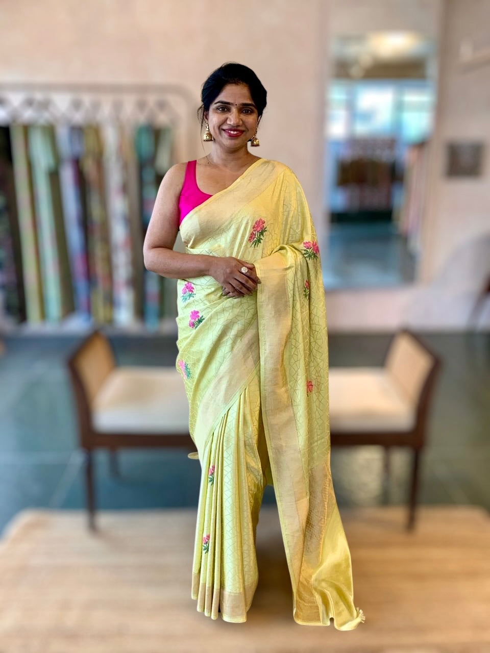 Lime Green Designer Banarasi Mashru Silk Saree with Petite Point Embroidered flo