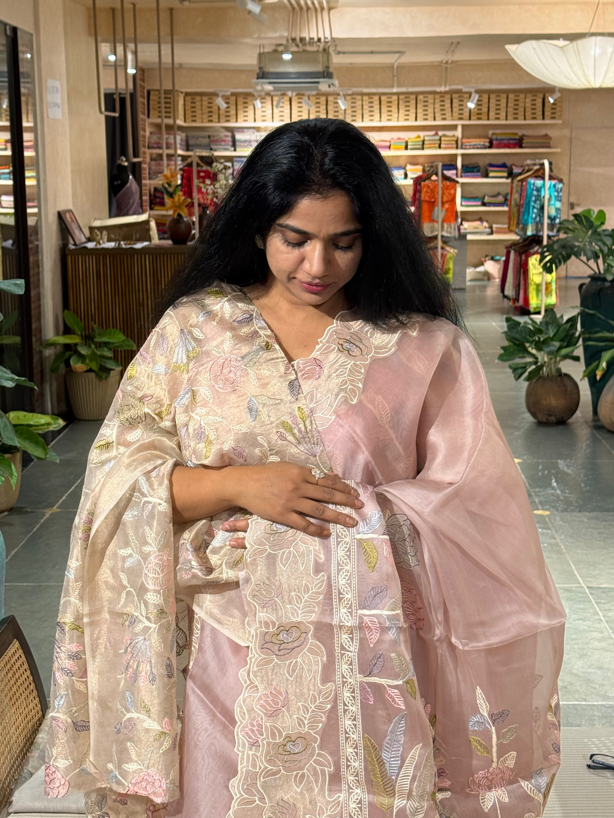 Nude Pink Pure Organza Saree with embroidered and cutwork borders